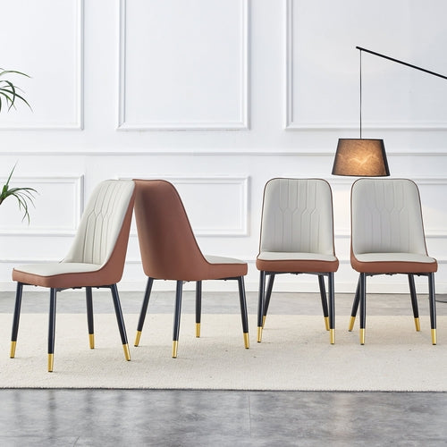 A modern dining chair with a light gray brown dual tone PU leather