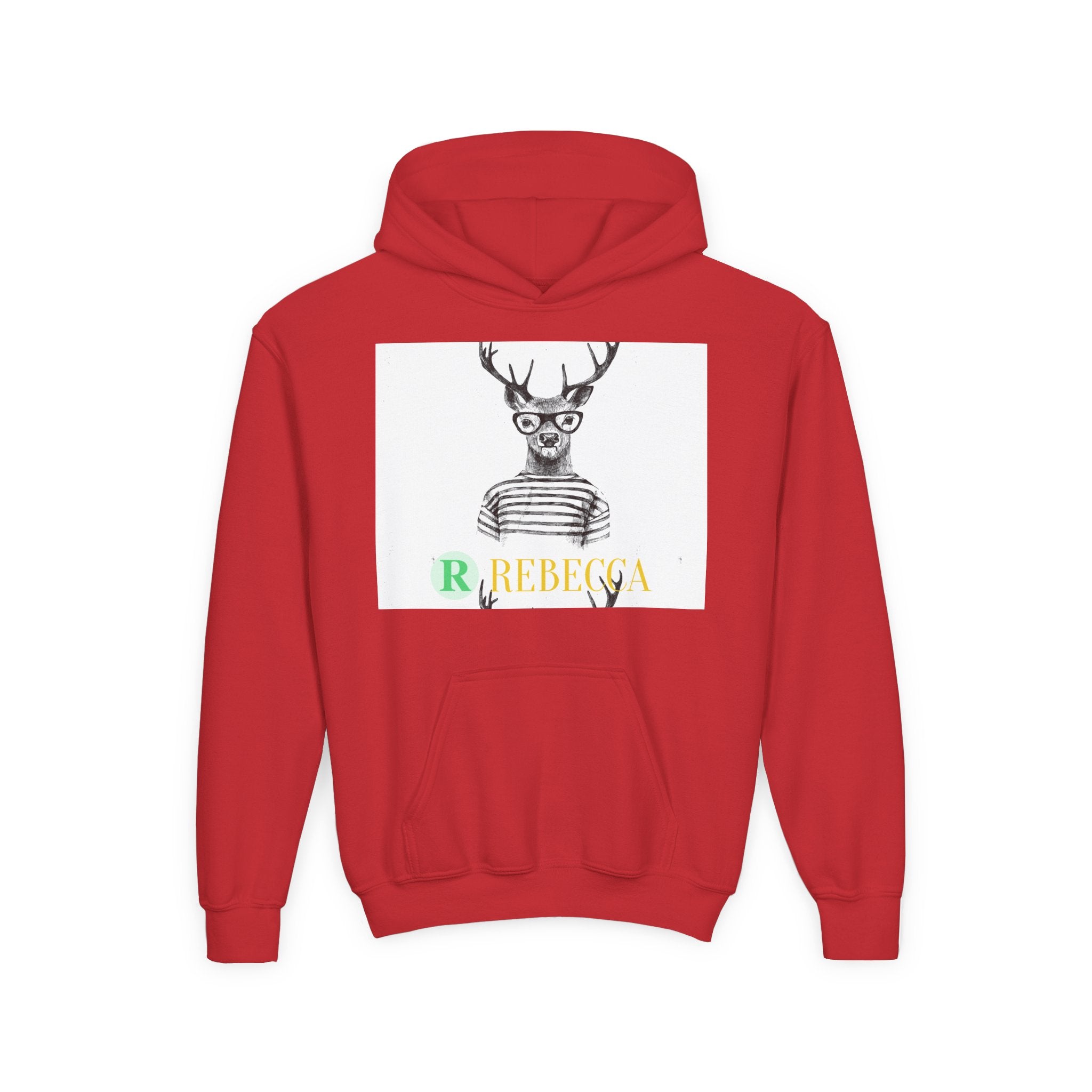 Youth Hoodie — Whimsical Deer with Glasses & 'Rebecca' Name Graphic