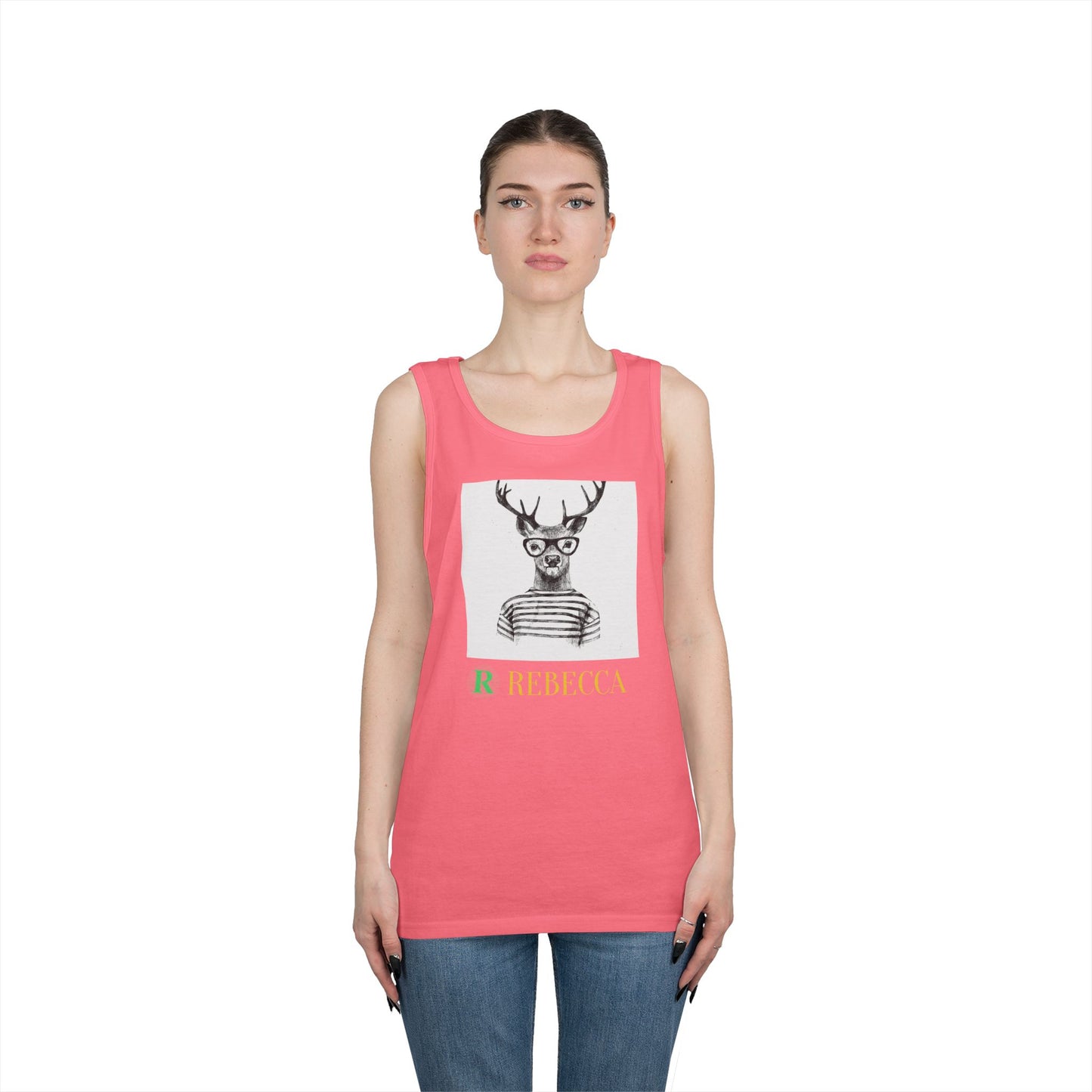 Deer in Glasses Graphic Tank Top — 'Rebecca' Striped Deer Illustration