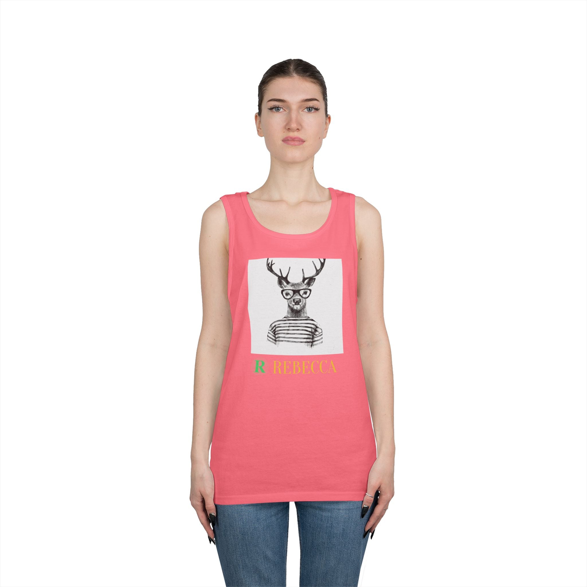 Deer in Glasses Graphic Tank Top — 'Rebecca' Striped Deer Illustration