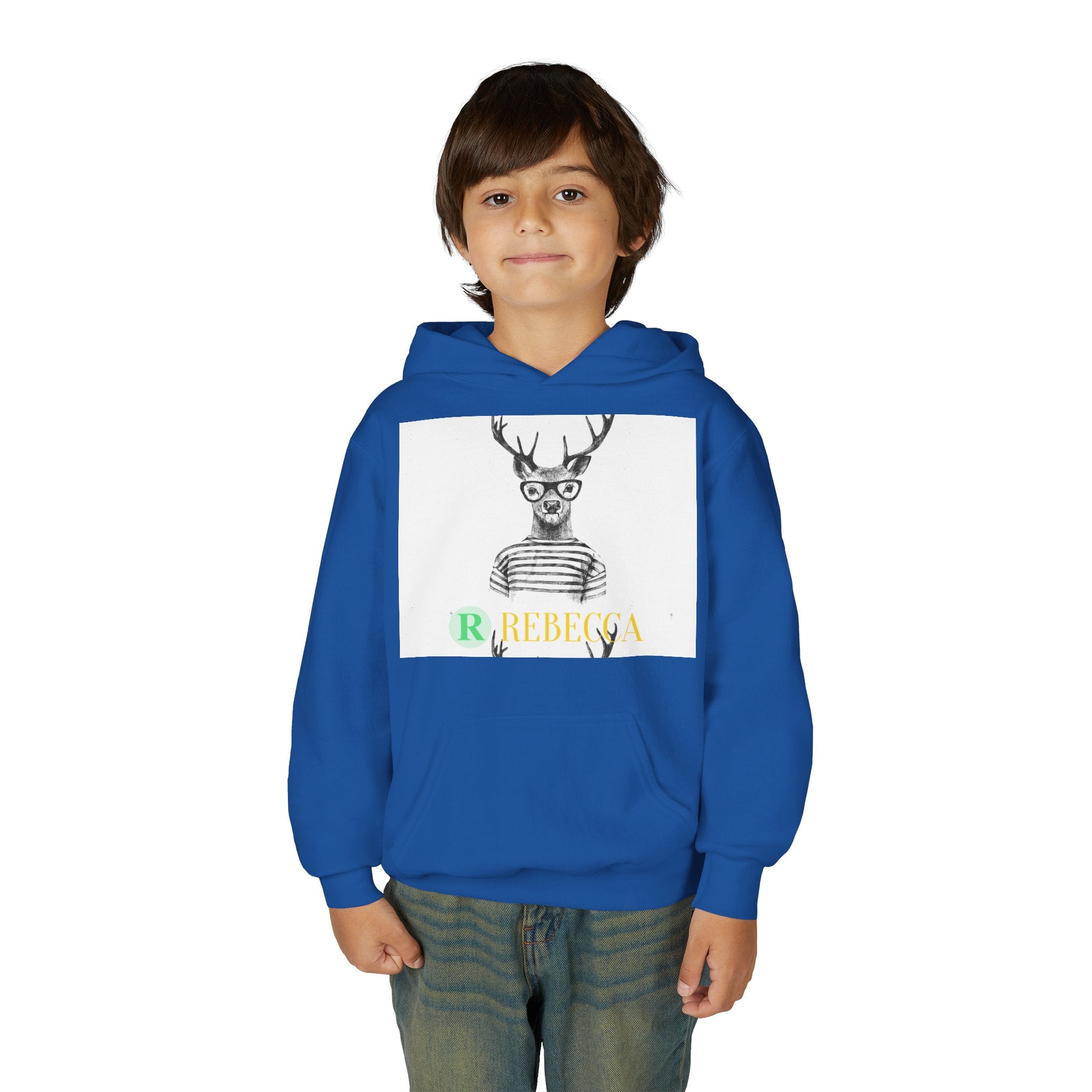 Youth Hoodie — Whimsical Deer with Glasses & 'Rebecca' Name Graphic