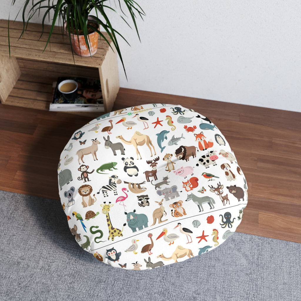 Round Tufted Floor Pillow – Cute Kids Animal Pattern