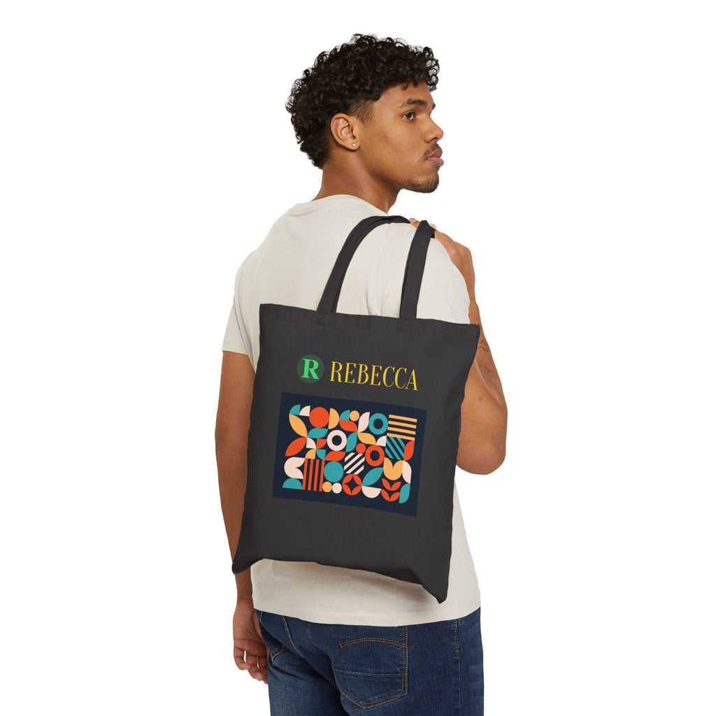 Personalized Geometric Canvas Tote Bag — Custom Name Rebecca, Colorful Retro Pattern