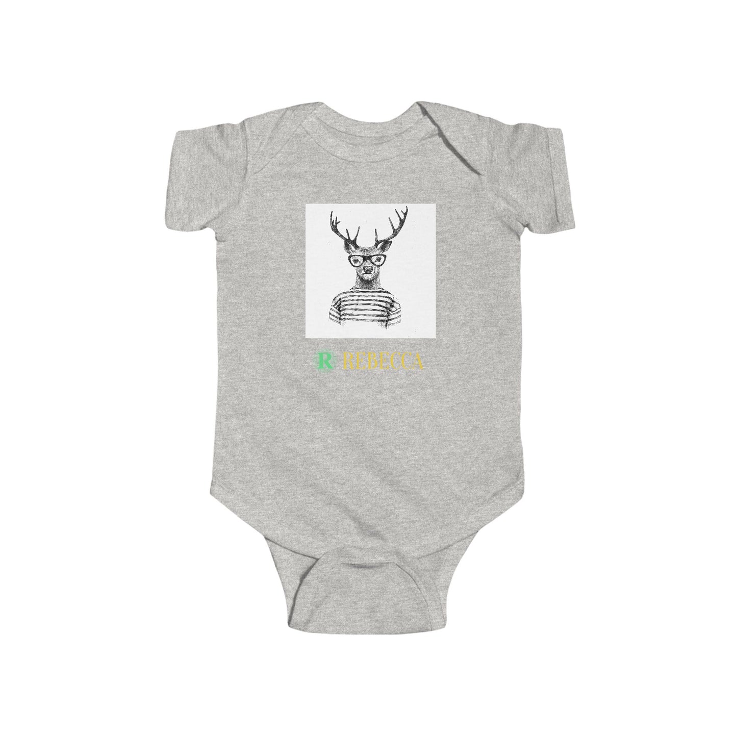 Baby Bodysuit — Cute Hipster Deer with 'Rebecca' Personalized Name