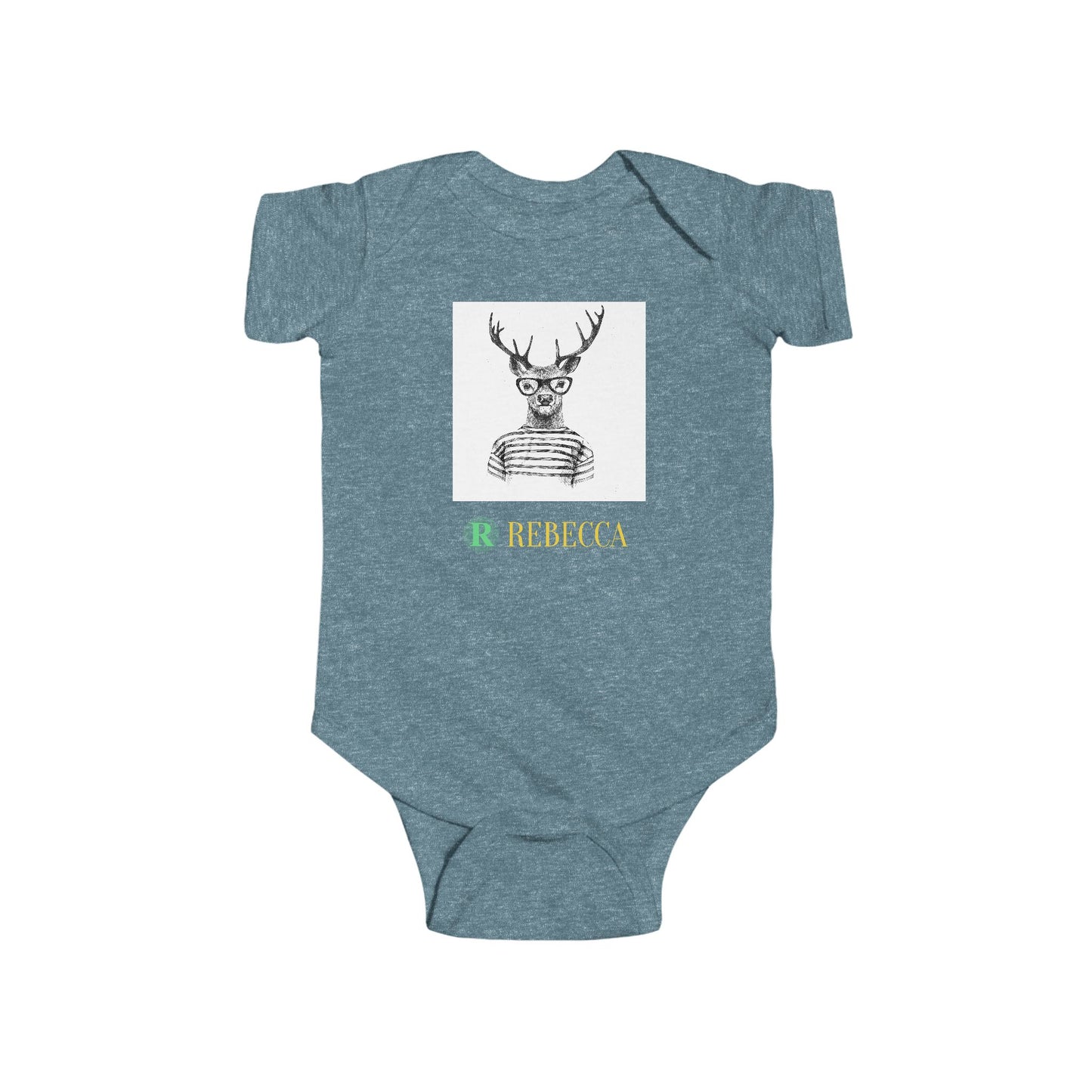 Baby Bodysuit — Cute Hipster Deer with 'Rebecca' Personalized Name