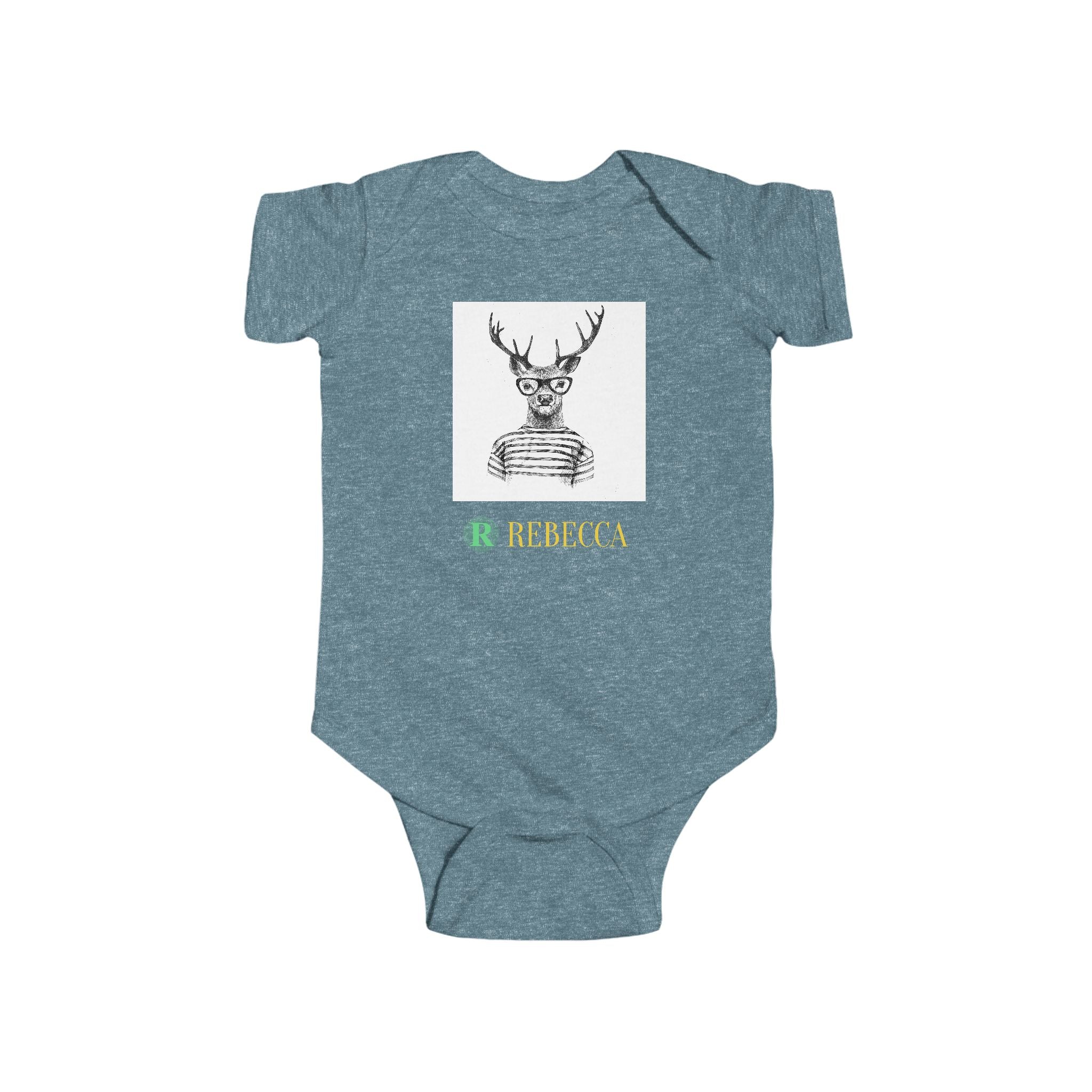 Baby Bodysuit — Cute Hipster Deer with 'Rebecca' Personalized Name