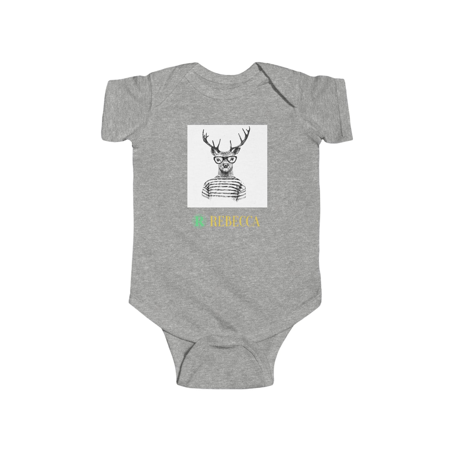 Baby Bodysuit — Cute Hipster Deer with 'Rebecca' Personalized Name