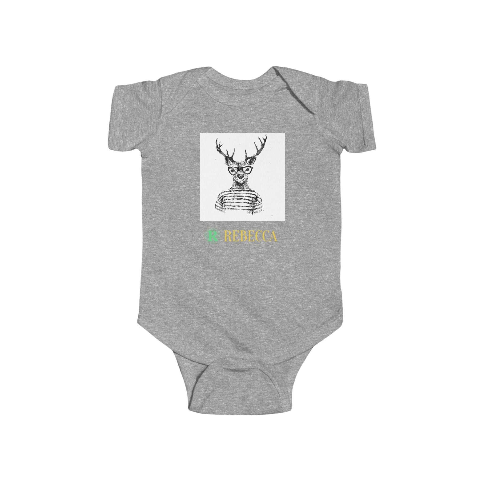 Baby Bodysuit — Cute Hipster Deer with 'Rebecca' Personalized Name