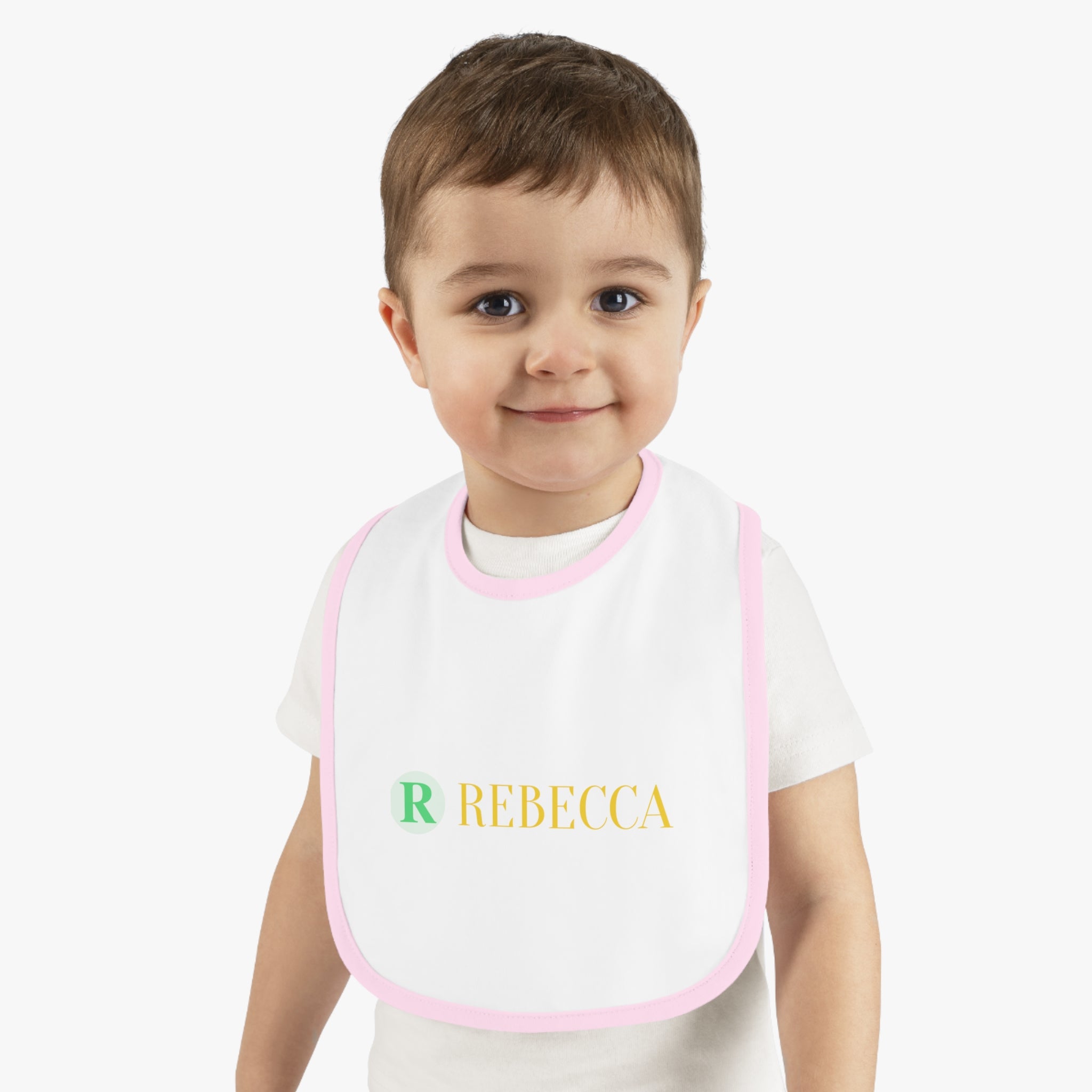 Personalized Baby Bib — Contrast Trim Jersey Bib with Name (Rebecca)