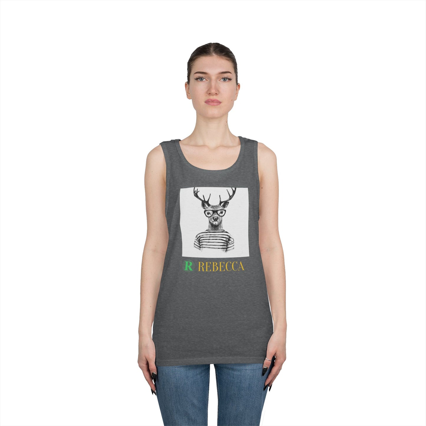 Deer in Glasses Graphic Tank Top — 'Rebecca' Striped Deer Illustration