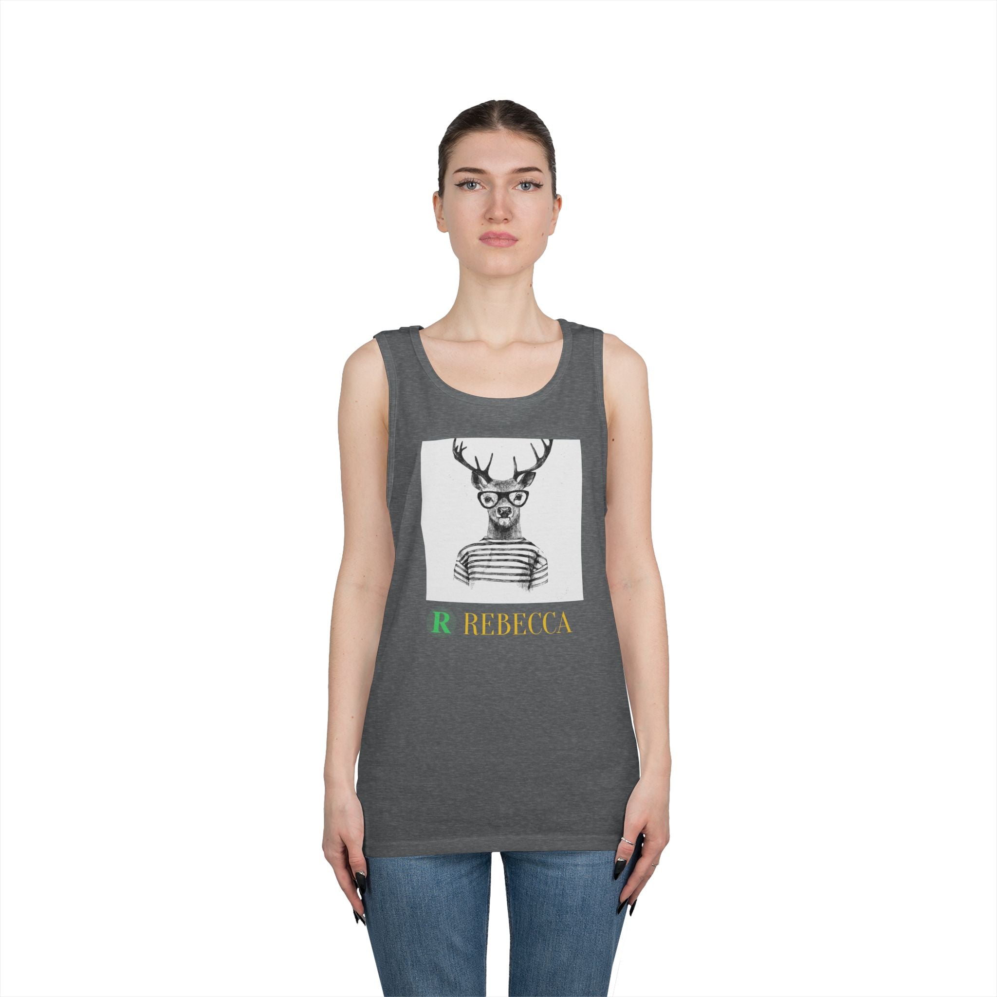 Deer in Glasses Graphic Tank Top — 'Rebecca' Striped Deer Illustration