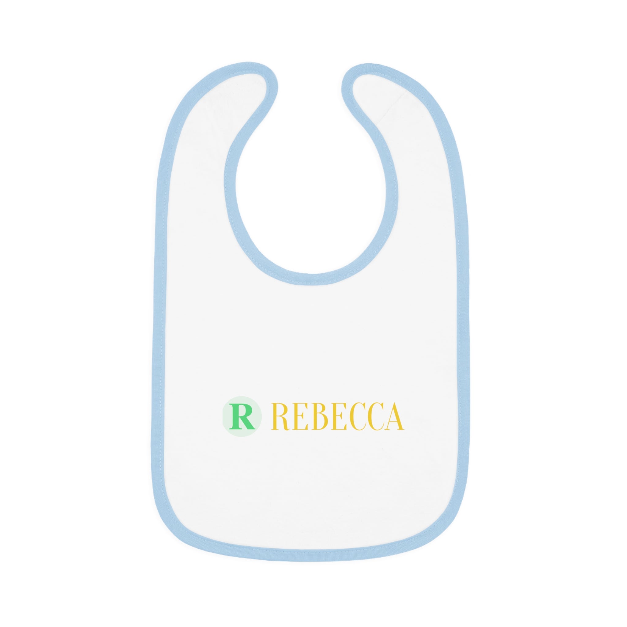 Personalized Baby Bib — Contrast Trim Jersey Bib with Name (Rebecca)