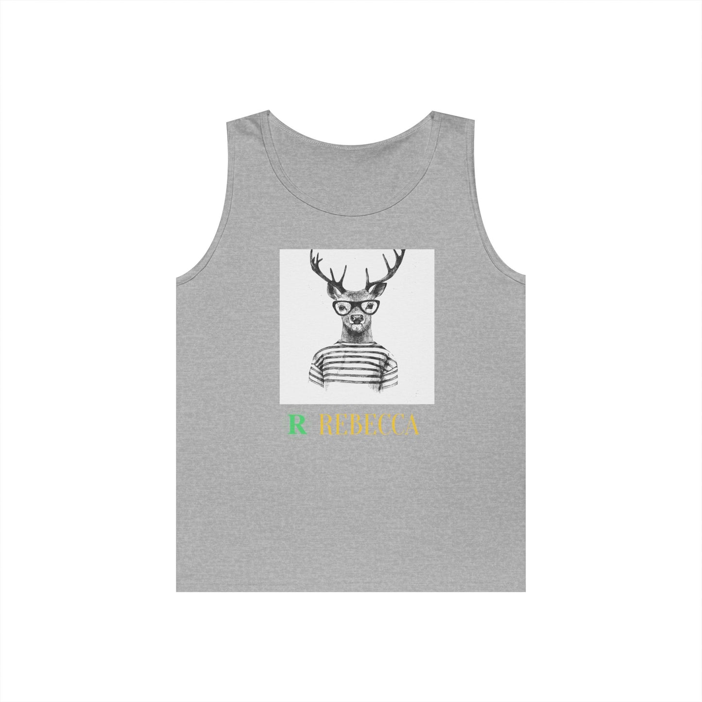 Deer in Glasses Graphic Tank Top — 'Rebecca' Striped Deer Illustration