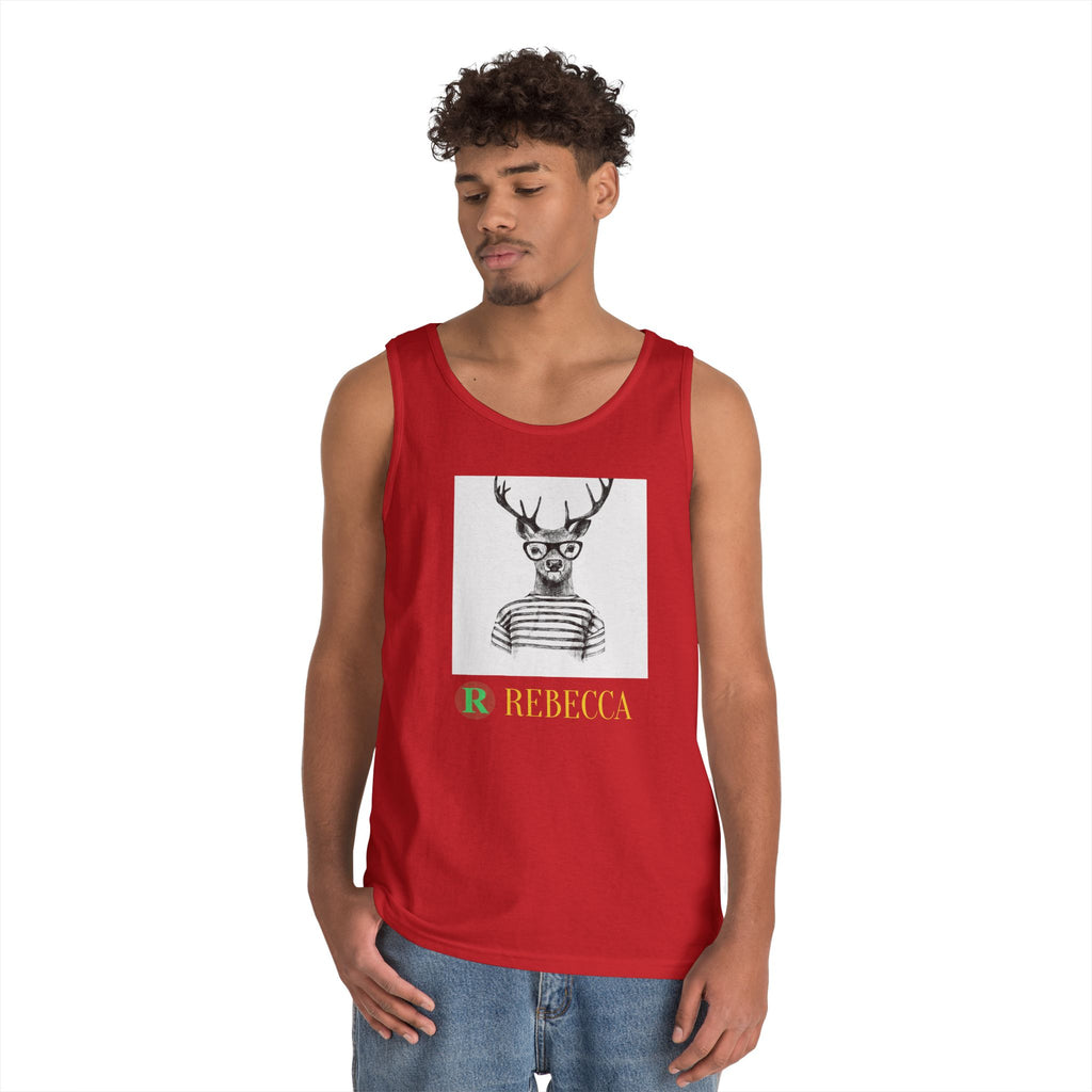 Deer in Glasses Graphic Tank Top — 'Rebecca' Striped Deer Illustration