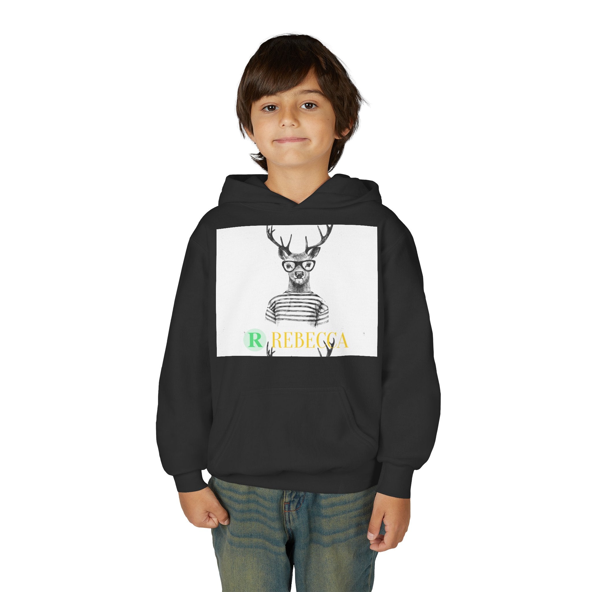 Youth Hoodie — Whimsical Deer with Glasses & 'Rebecca' Name Graphic