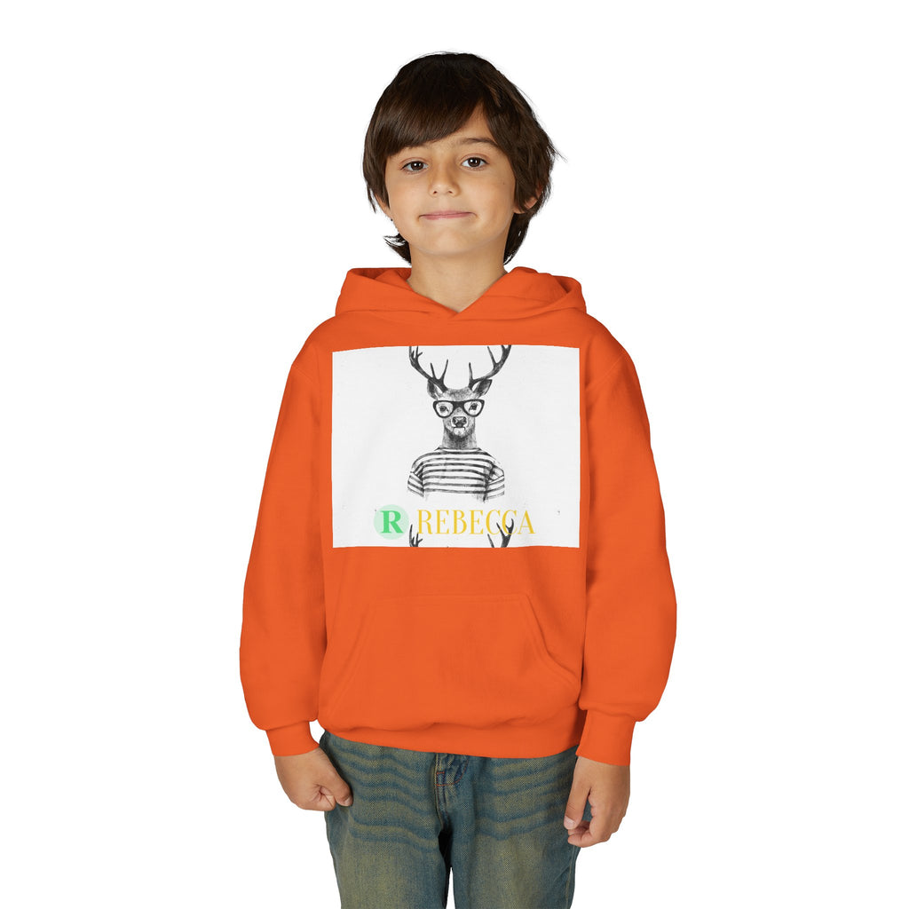 Youth Hoodie — Whimsical Deer with Glasses & 'Rebecca' Name Graphic
