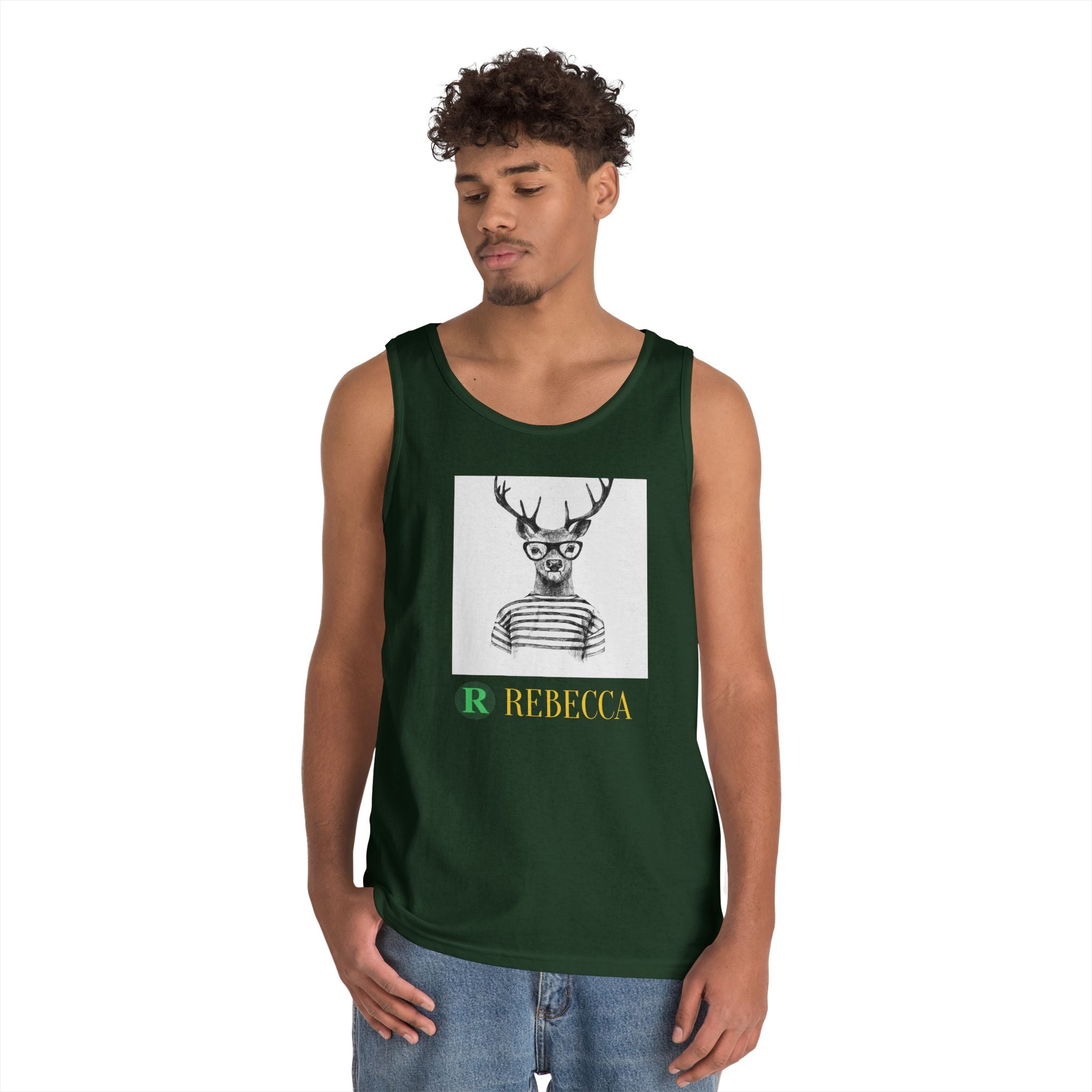 Deer in Glasses Graphic Tank Top — 'Rebecca' Striped Deer Illustration