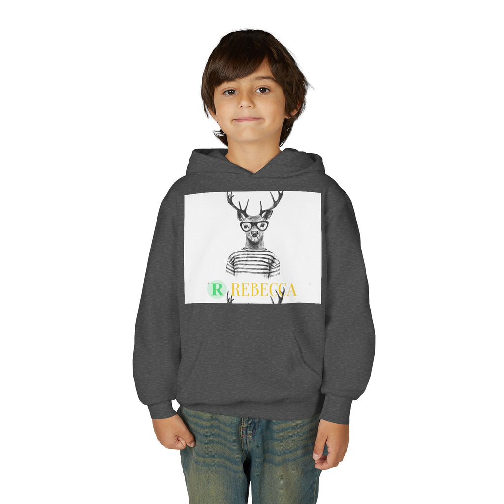 Youth Hoodie — Whimsical Deer with Glasses & 'Rebecca' Name Graphic