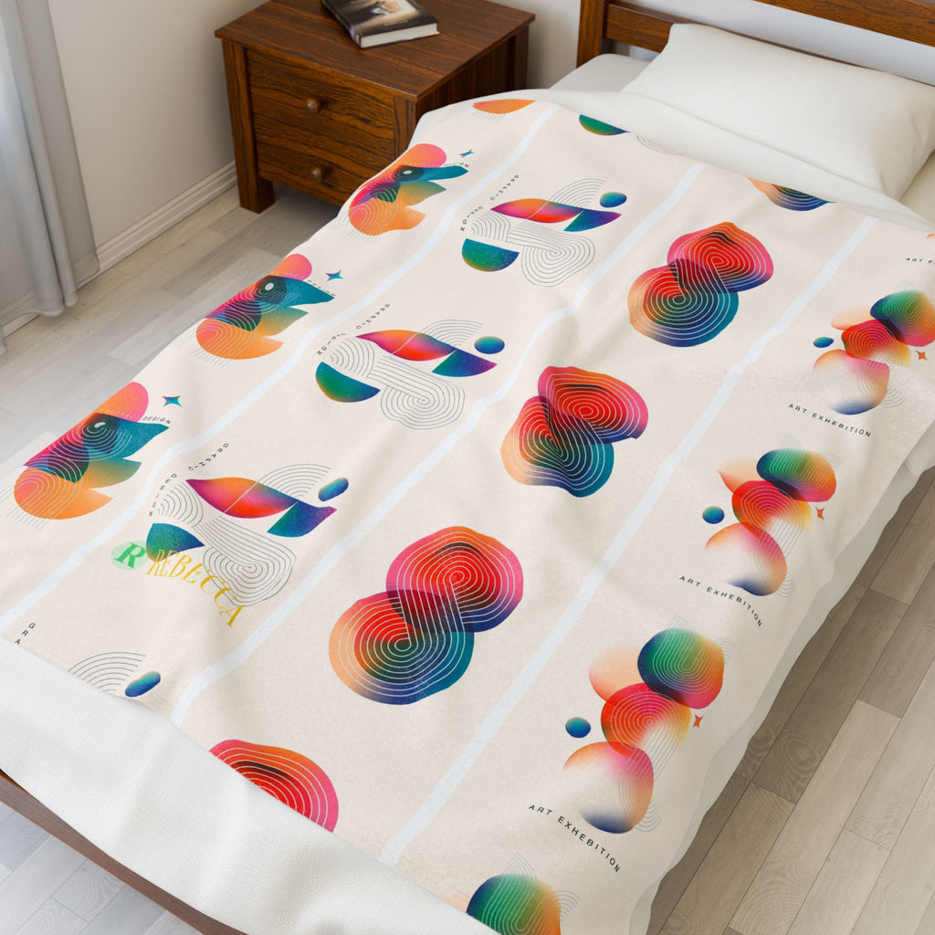 Abstract Colorful Geometric Velveteen Plush Blanket — Retro Rainbow Shapes Throw