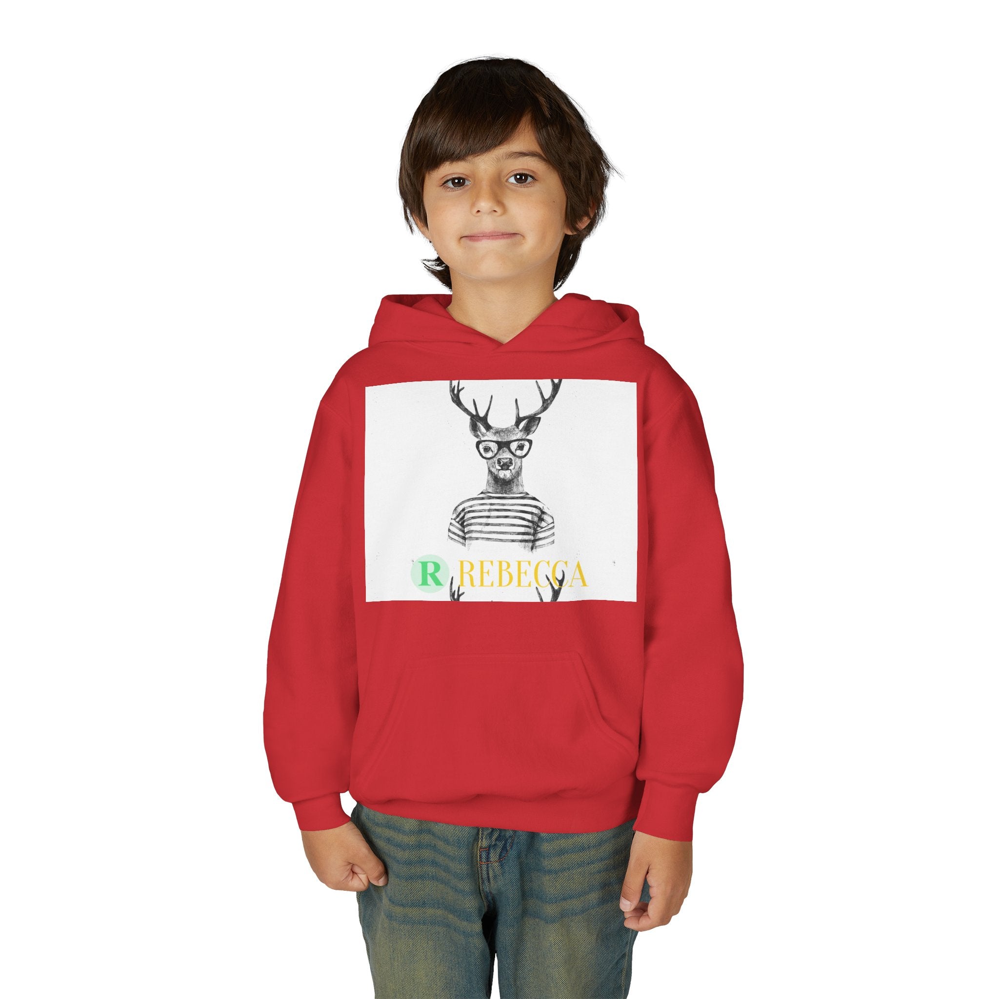 Youth Hoodie — Whimsical Deer with Glasses & 'Rebecca' Name Graphic