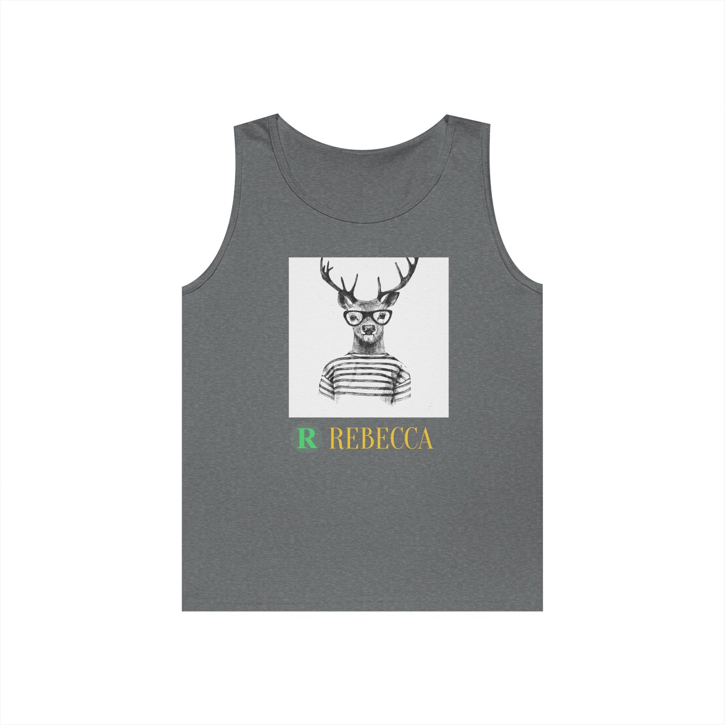 Deer in Glasses Graphic Tank Top — 'Rebecca' Striped Deer Illustration