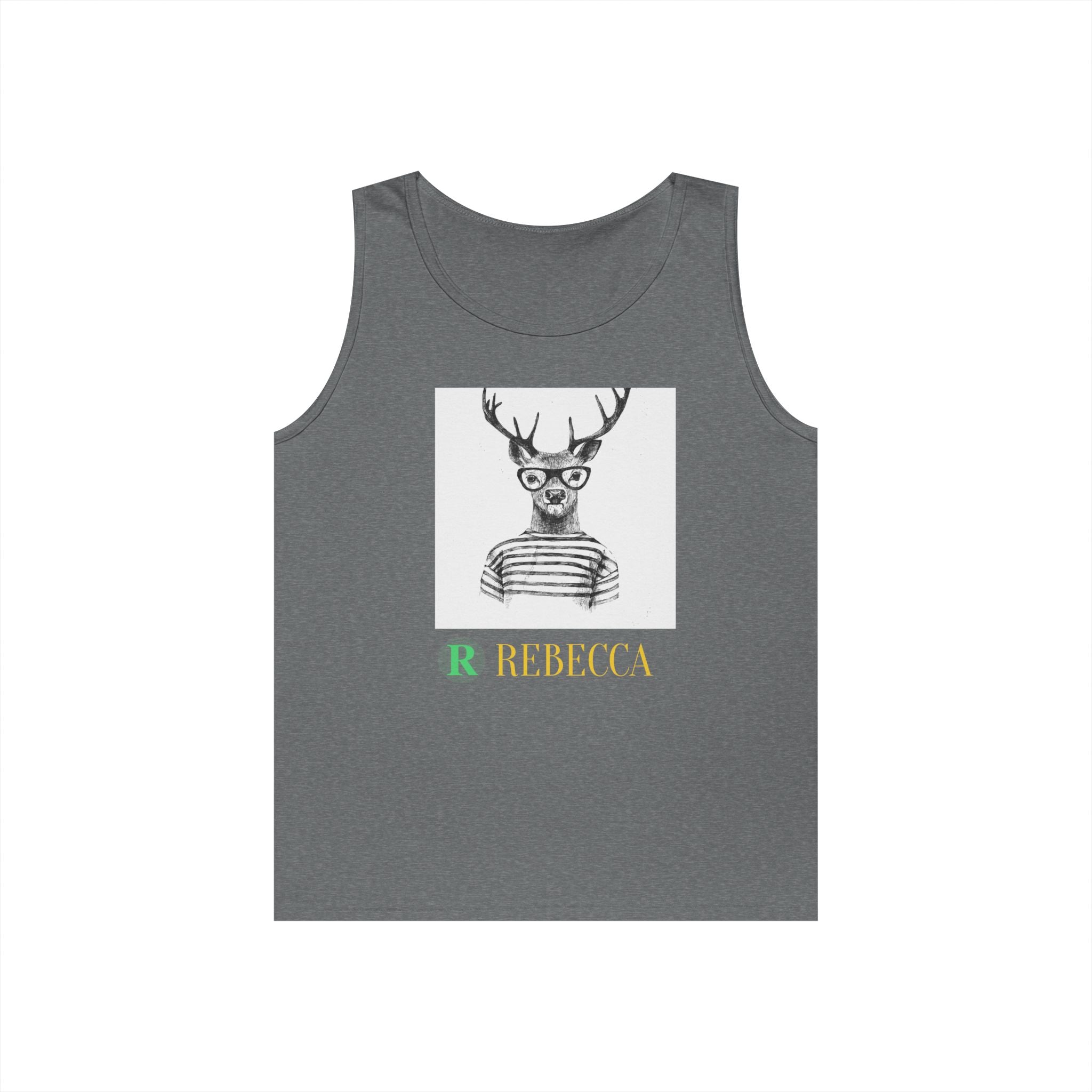 Deer in Glasses Graphic Tank Top — 'Rebecca' Striped Deer Illustration