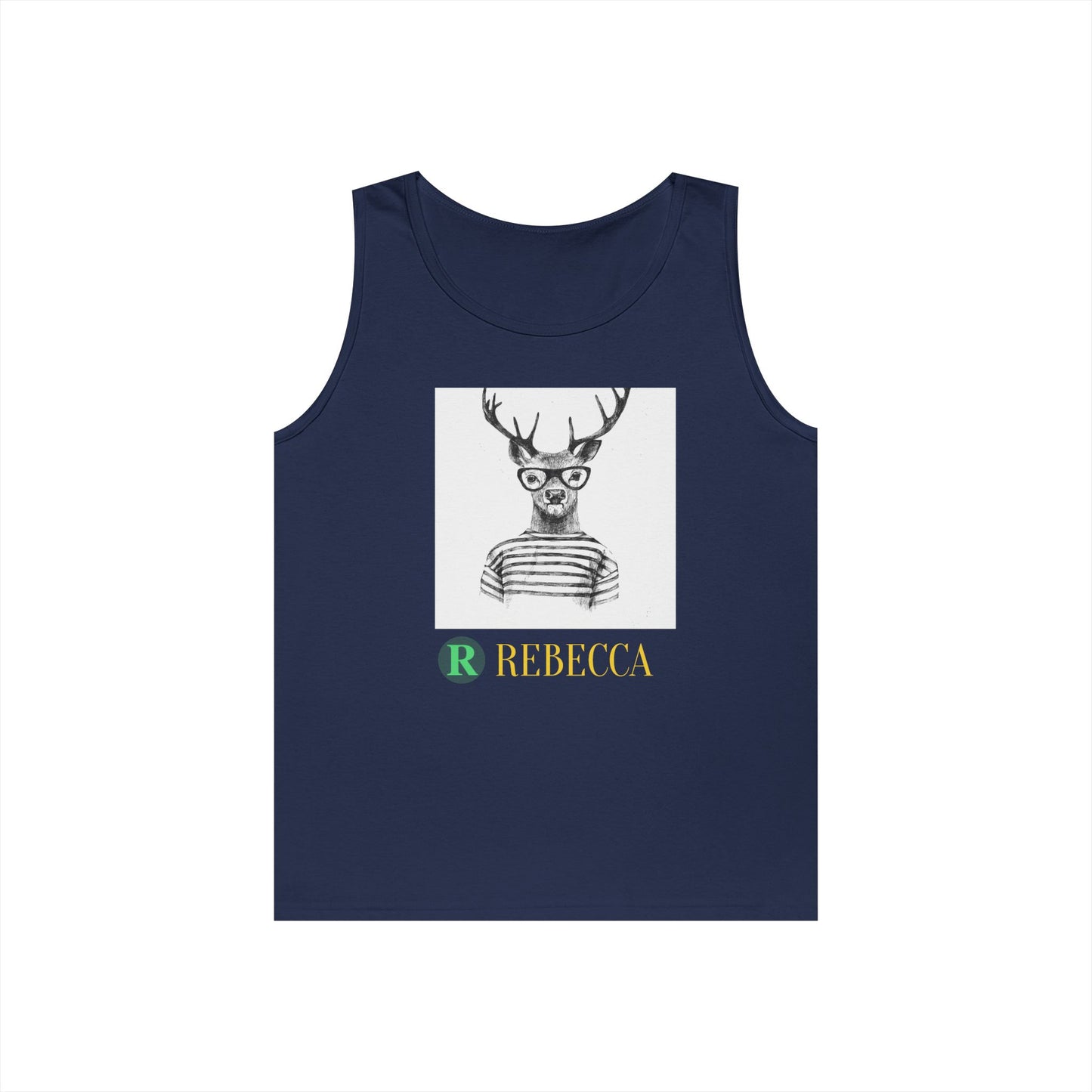 Deer in Glasses Graphic Tank Top — 'Rebecca' Striped Deer Illustration