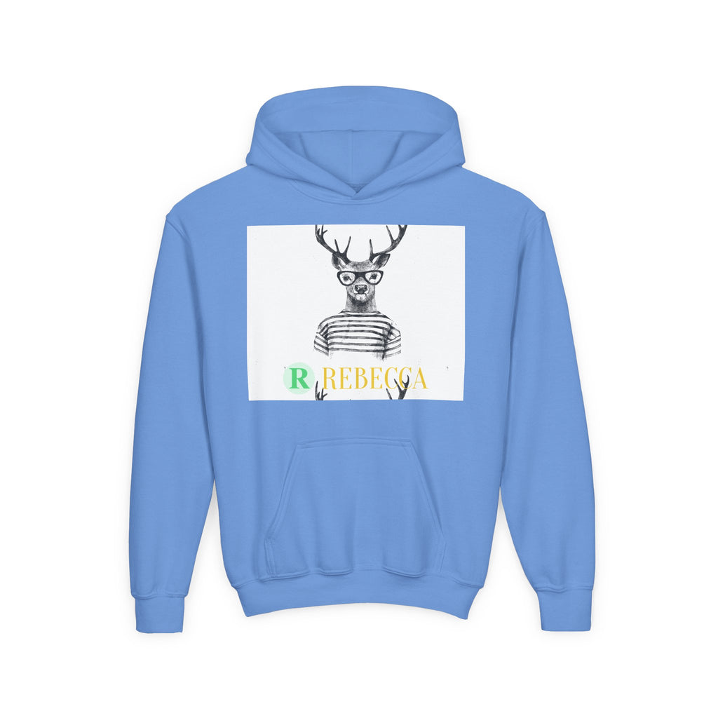 Youth Hoodie — Whimsical Deer with Glasses & 'Rebecca' Name Graphic