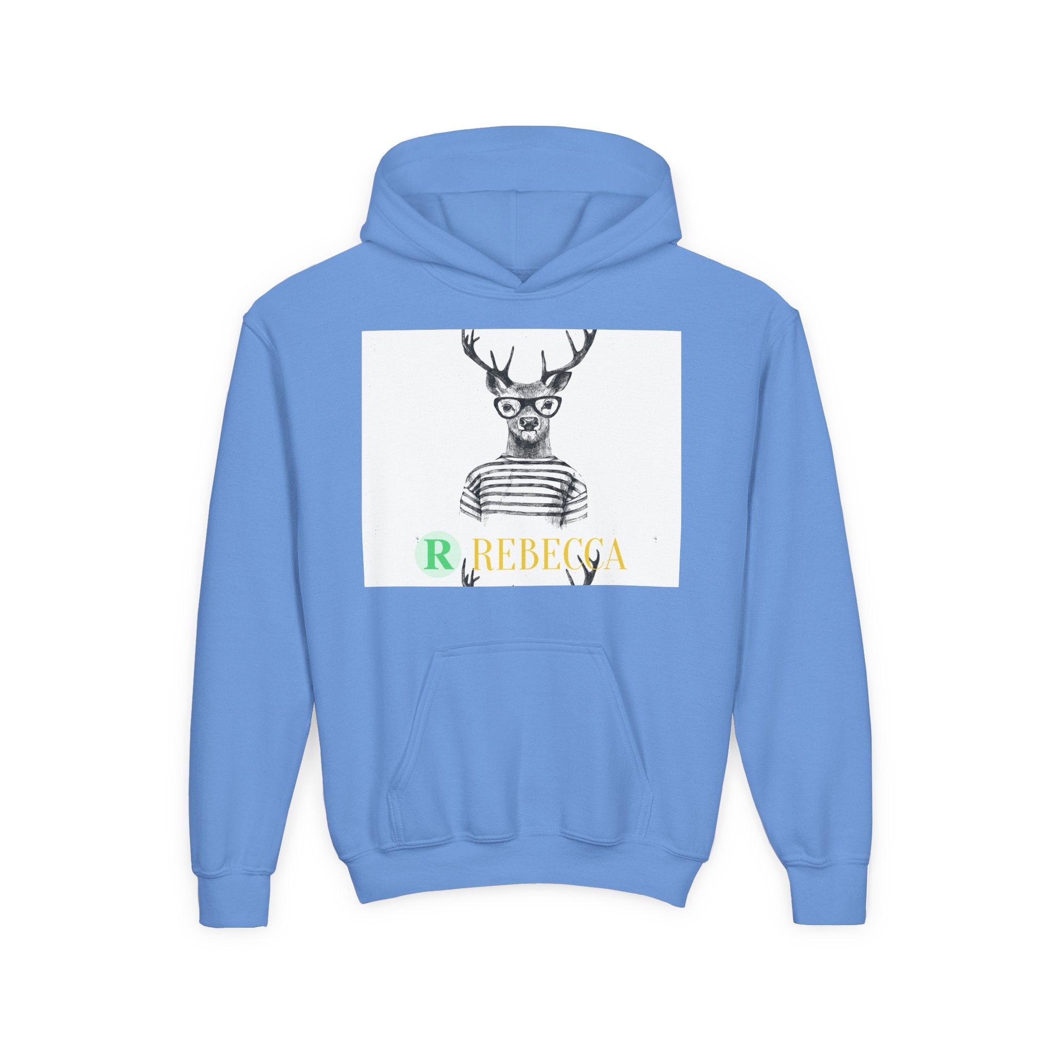 Youth Hoodie — Whimsical Deer with Glasses & 'Rebecca' Name Graphic