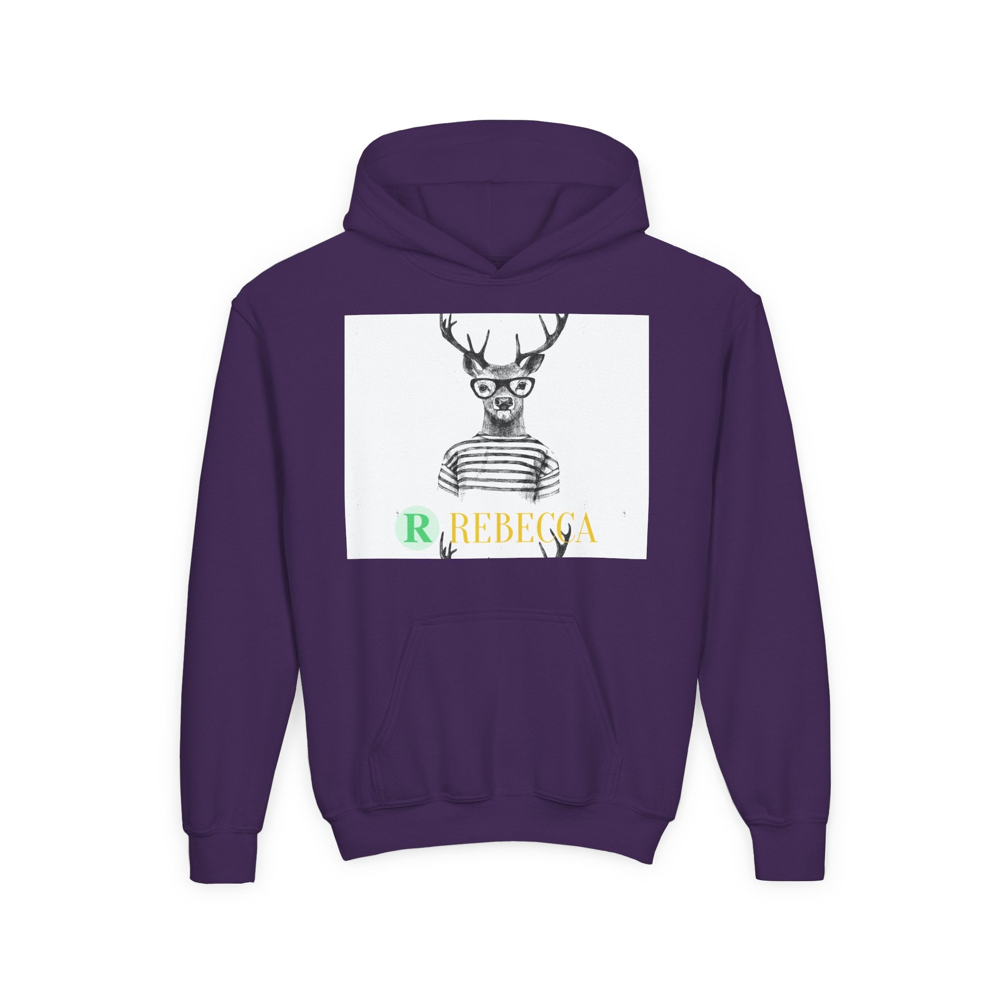 Youth Hoodie — Whimsical Deer with Glasses & 'Rebecca' Name Graphic
