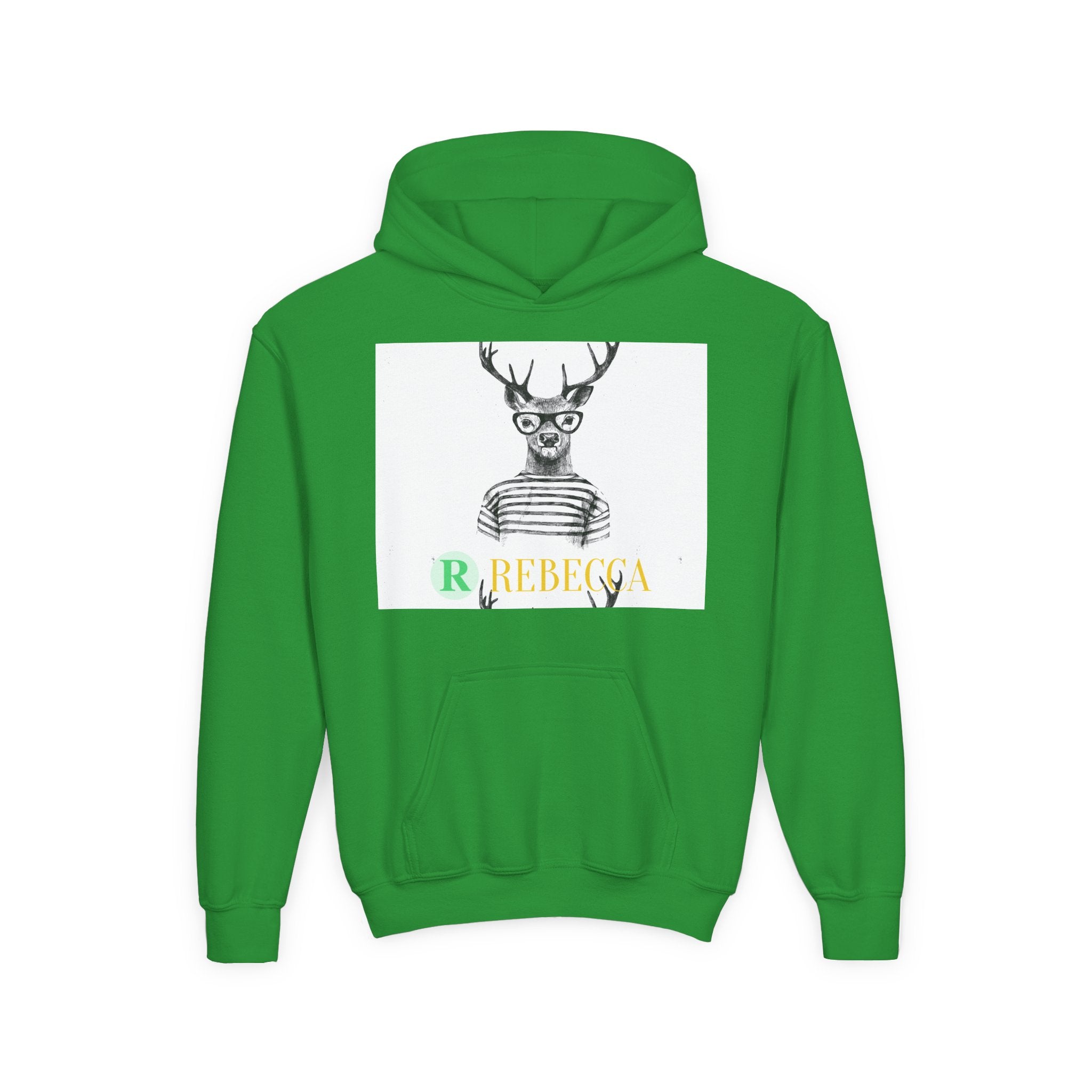 Youth Hoodie — Whimsical Deer with Glasses & 'Rebecca' Name Graphic
