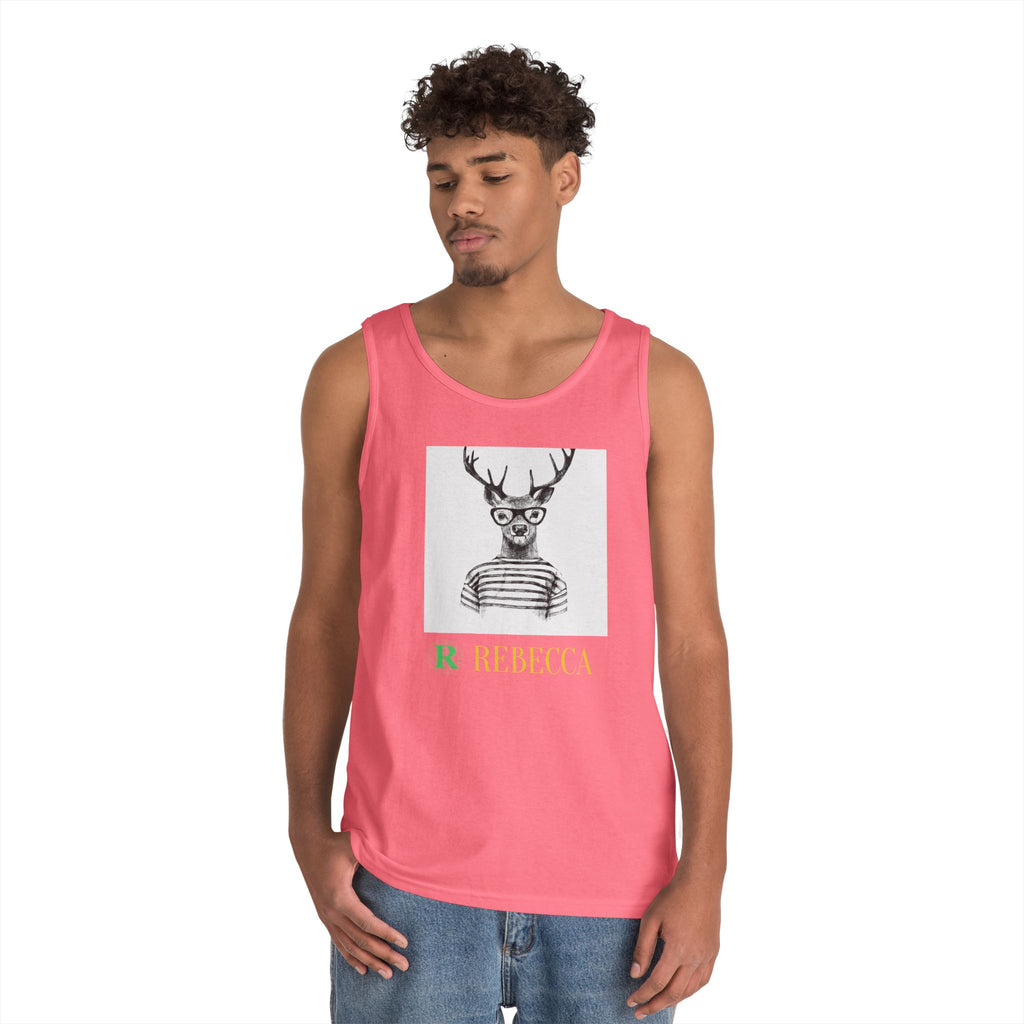 Deer in Glasses Graphic Tank Top — 'Rebecca' Striped Deer Illustration