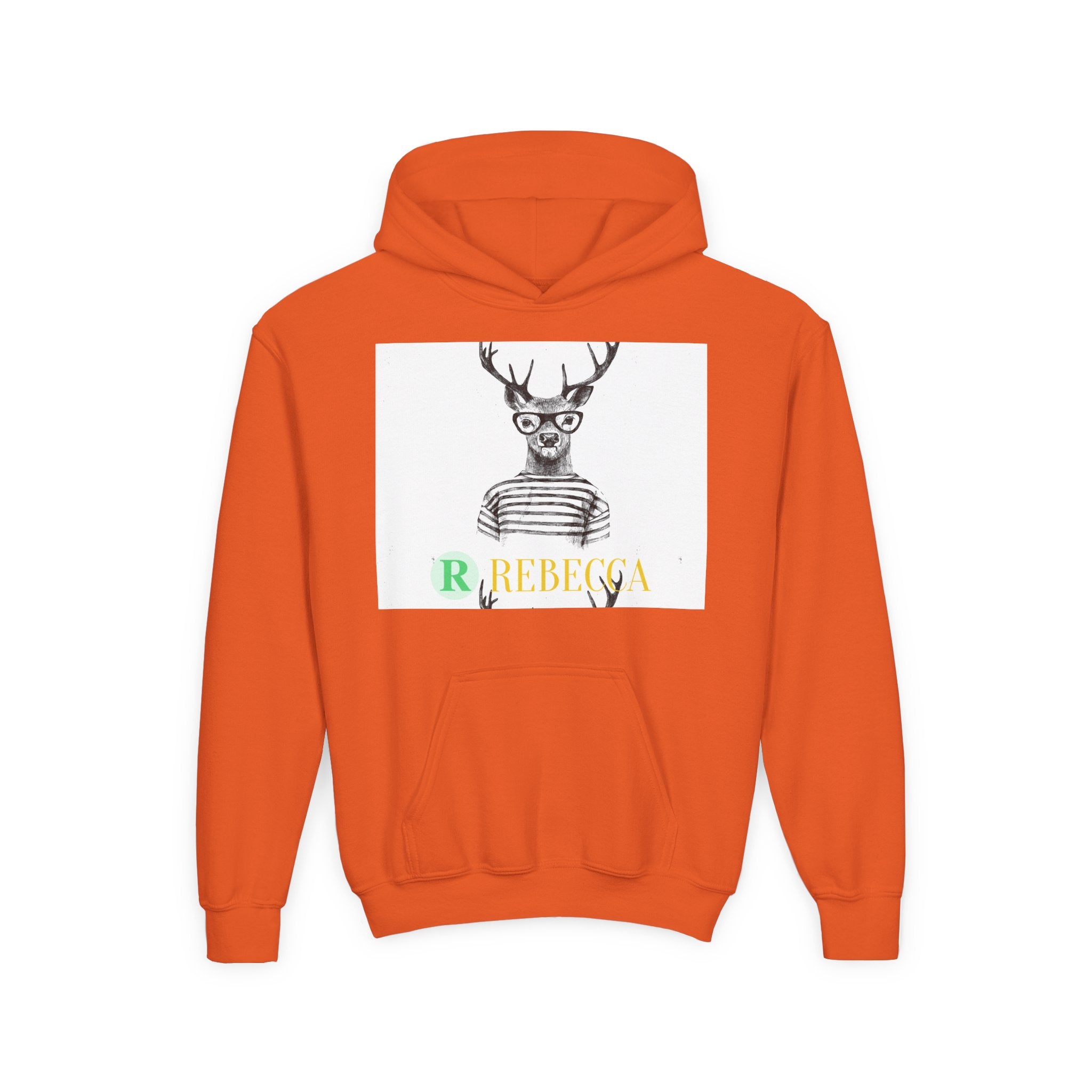 Youth Hoodie — Whimsical Deer with Glasses & 'Rebecca' Name Graphic