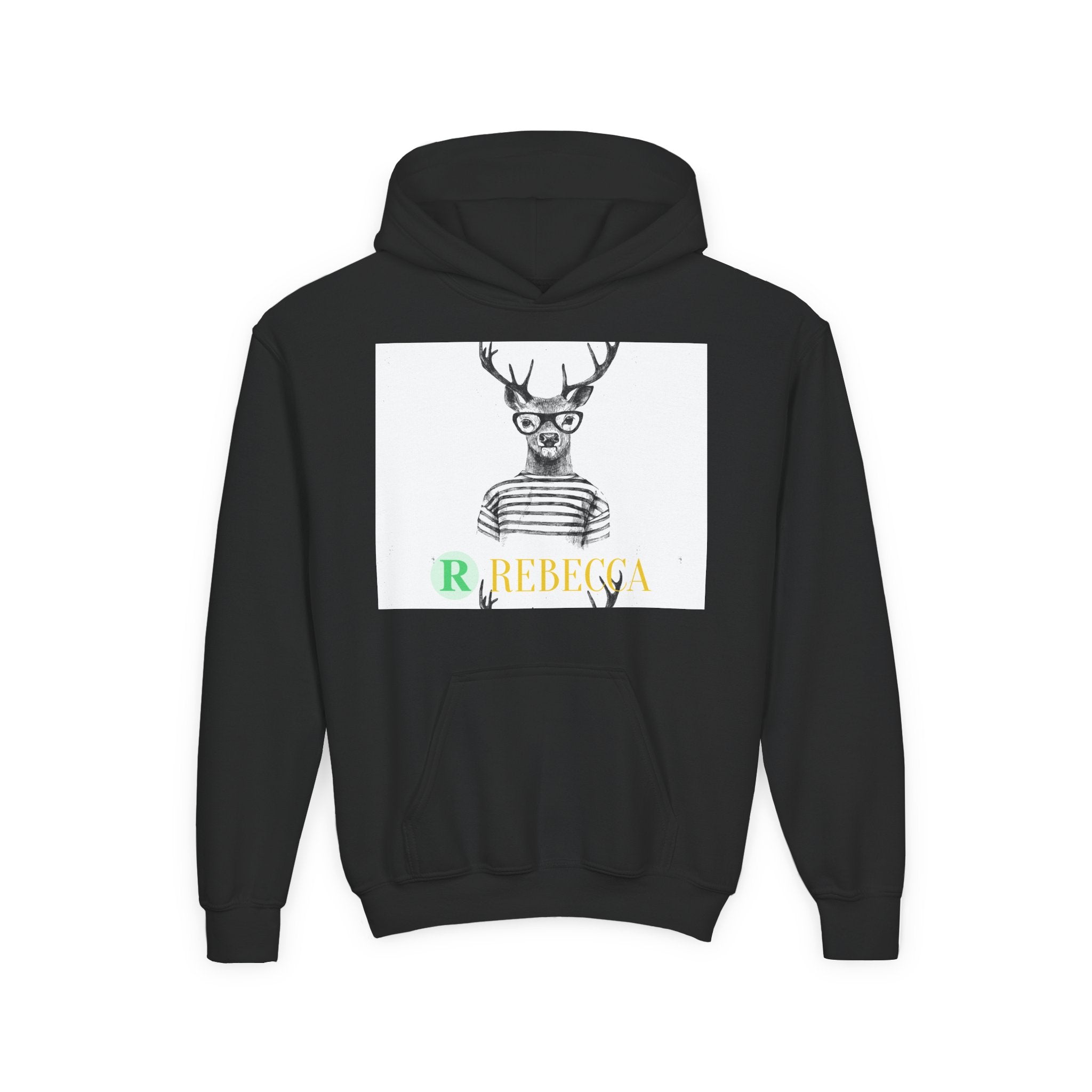 Youth Hoodie — Whimsical Deer with Glasses & 'Rebecca' Name Graphic