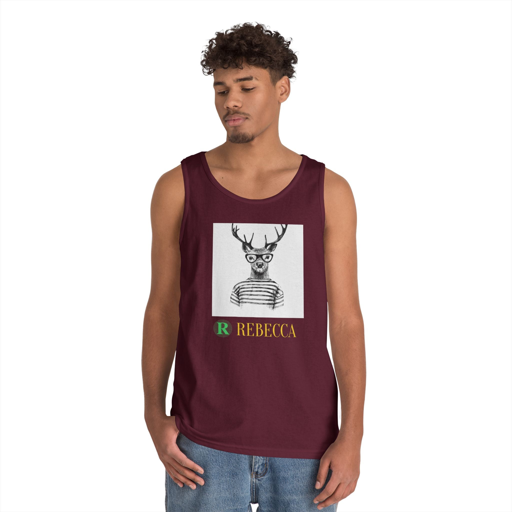 Deer in Glasses Graphic Tank Top — 'Rebecca' Striped Deer Illustration