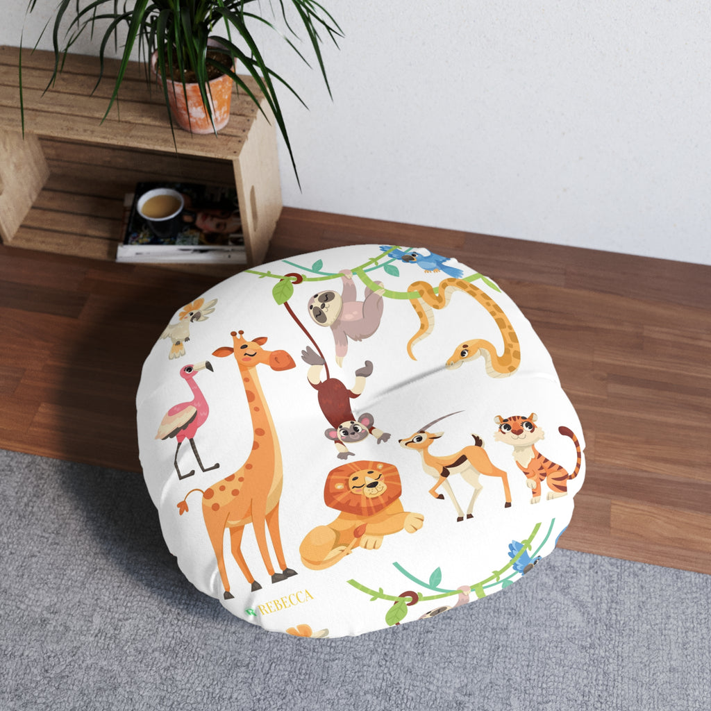 Round Tufted Floor Pillow — Cute Safari Animals Pattern for Kids’ Nursery & Playroom