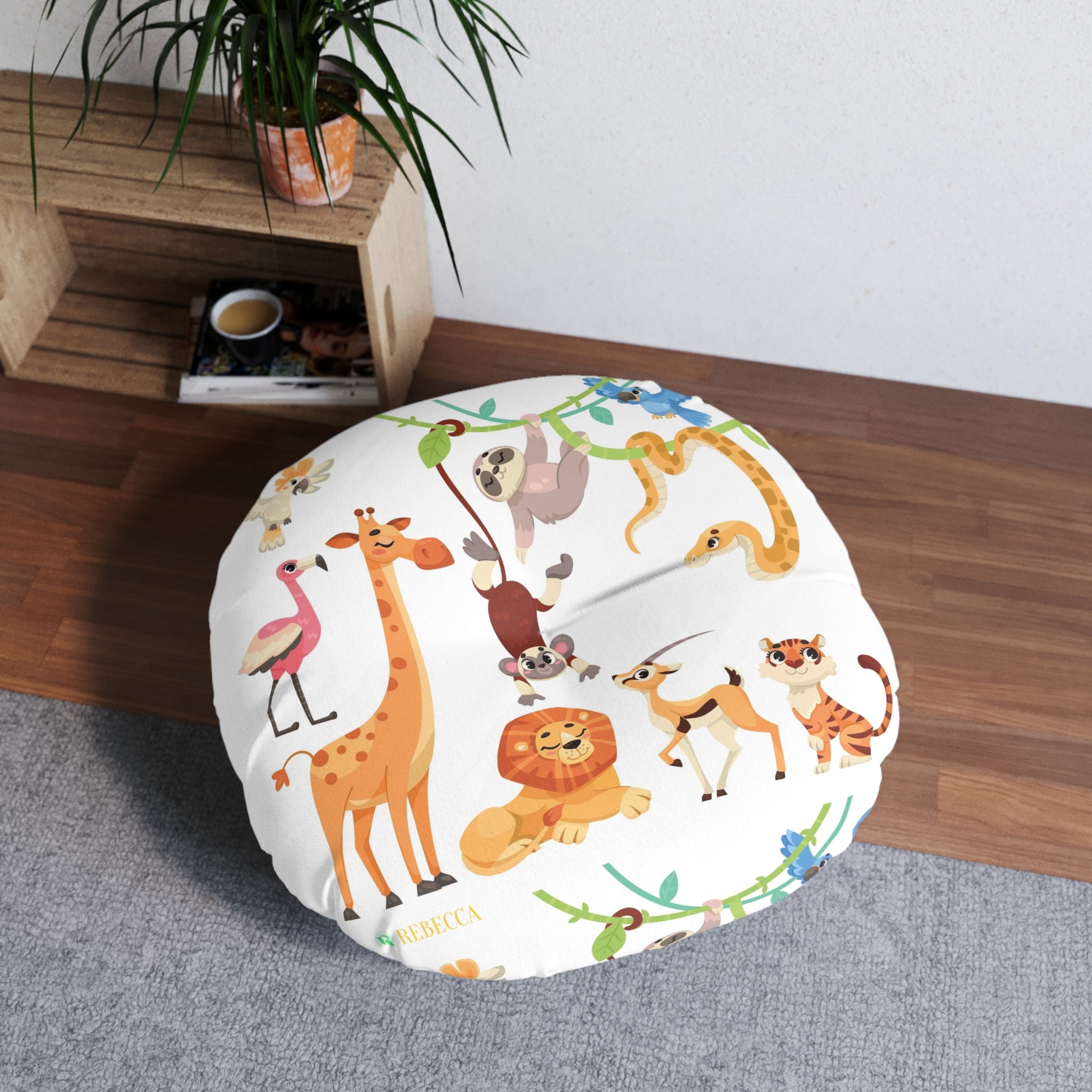 Round Tufted Floor Pillow — Cute Safari Animals Pattern for Kids’ Nursery & Playroom