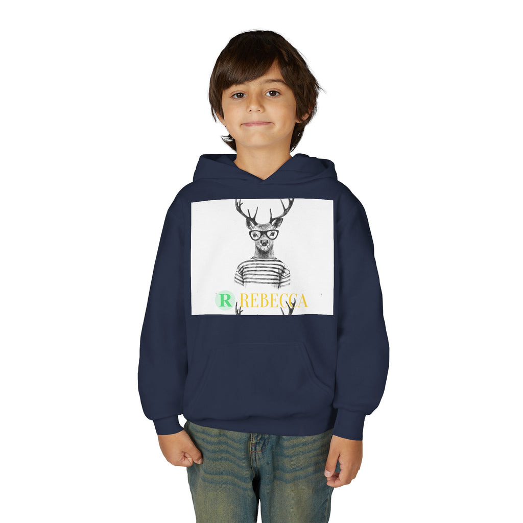 Youth Hoodie — Whimsical Deer with Glasses & 'Rebecca' Name Graphic