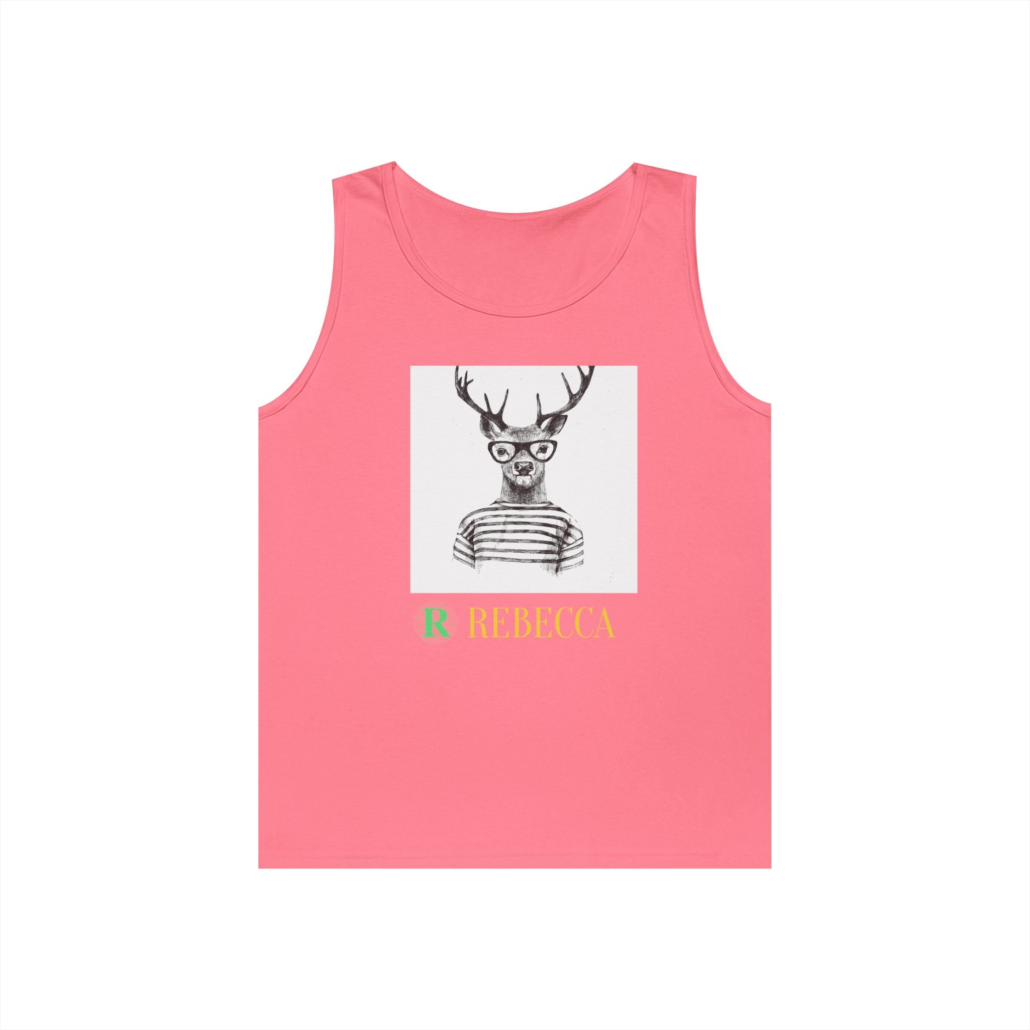 Deer in Glasses Graphic Tank Top — 'Rebecca' Striped Deer Illustration