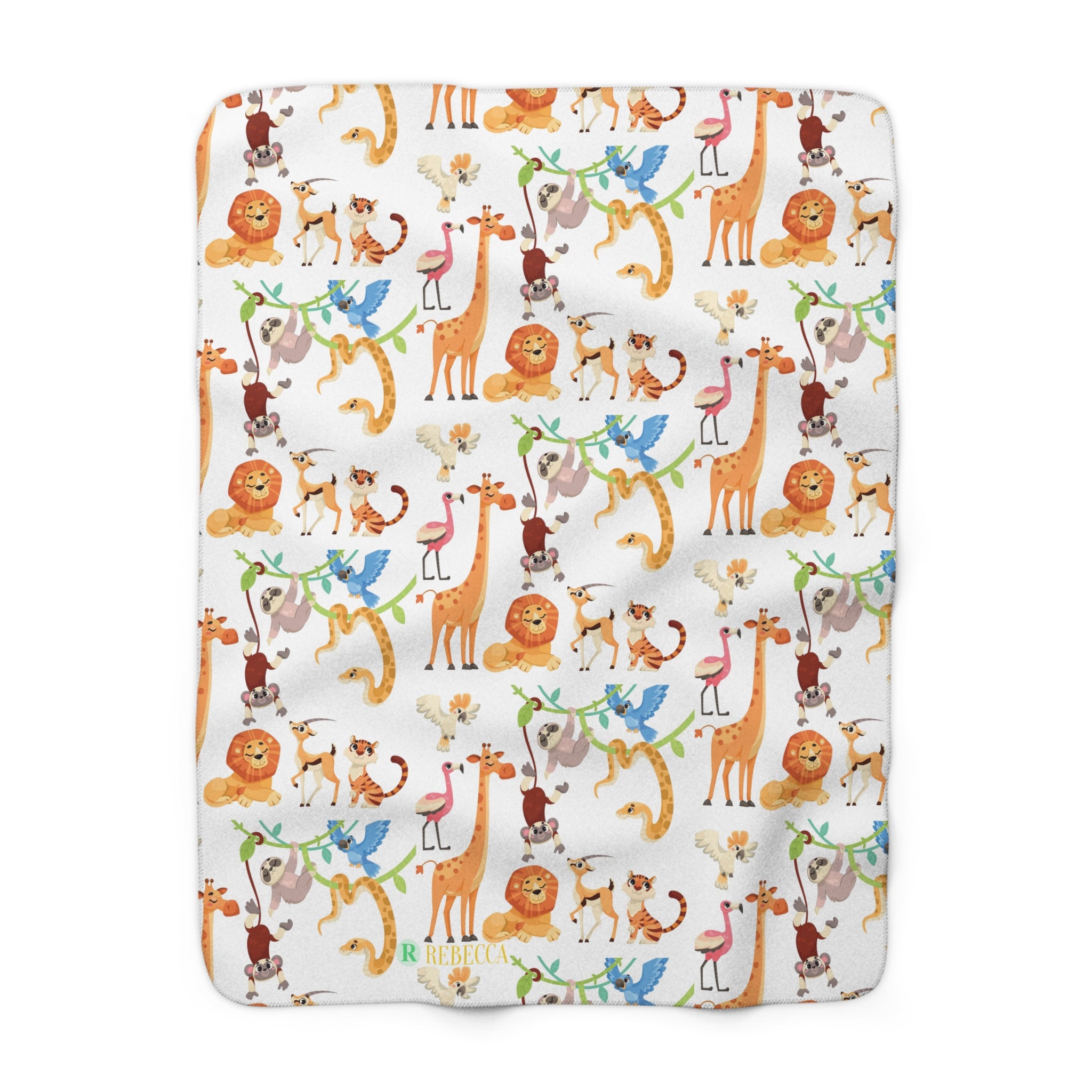 Safari Animal Sherpa Fleece Blanket — Cute Lion, Giraffe & Bird Baby Throw