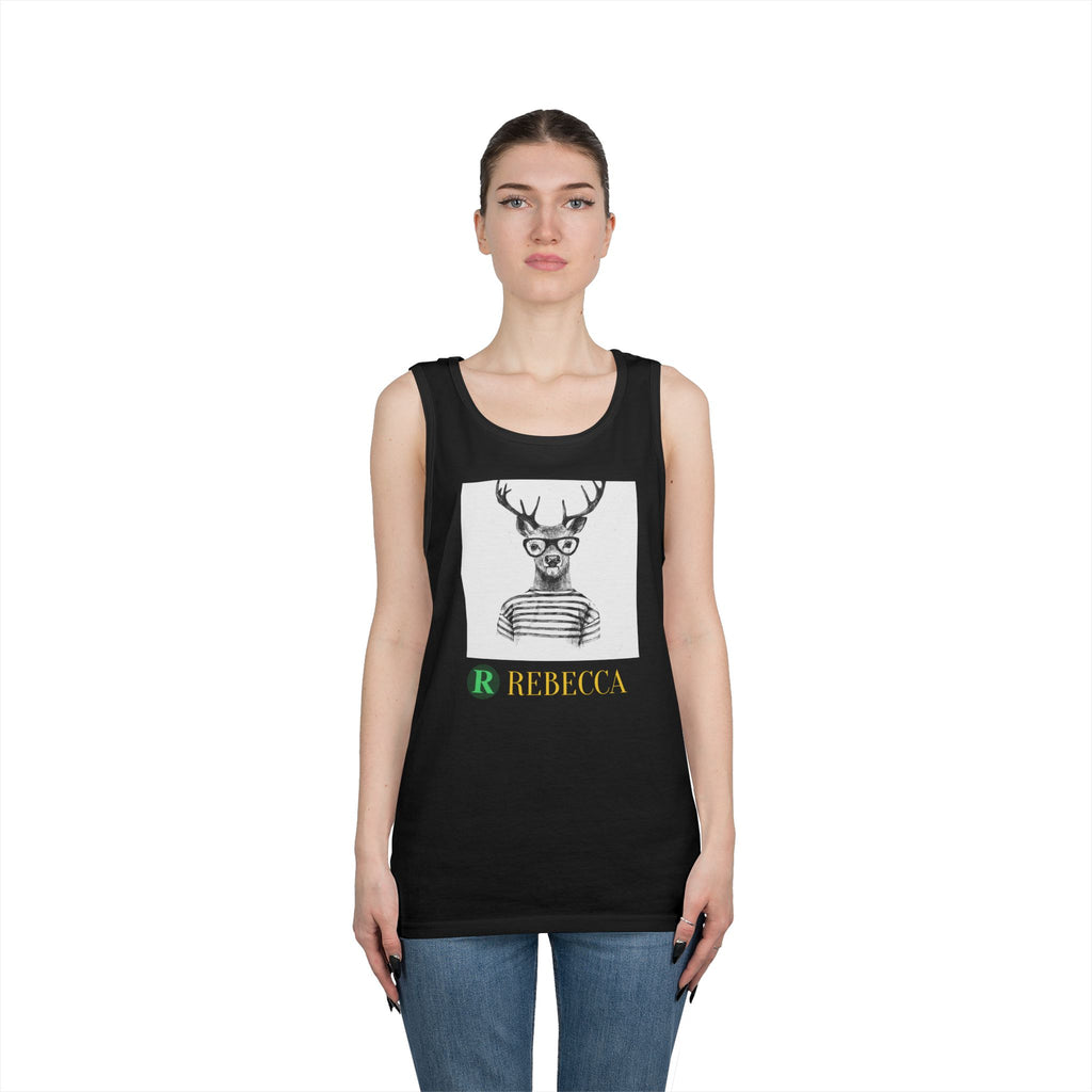 Deer in Glasses Graphic Tank Top — 'Rebecca' Striped Deer Illustration