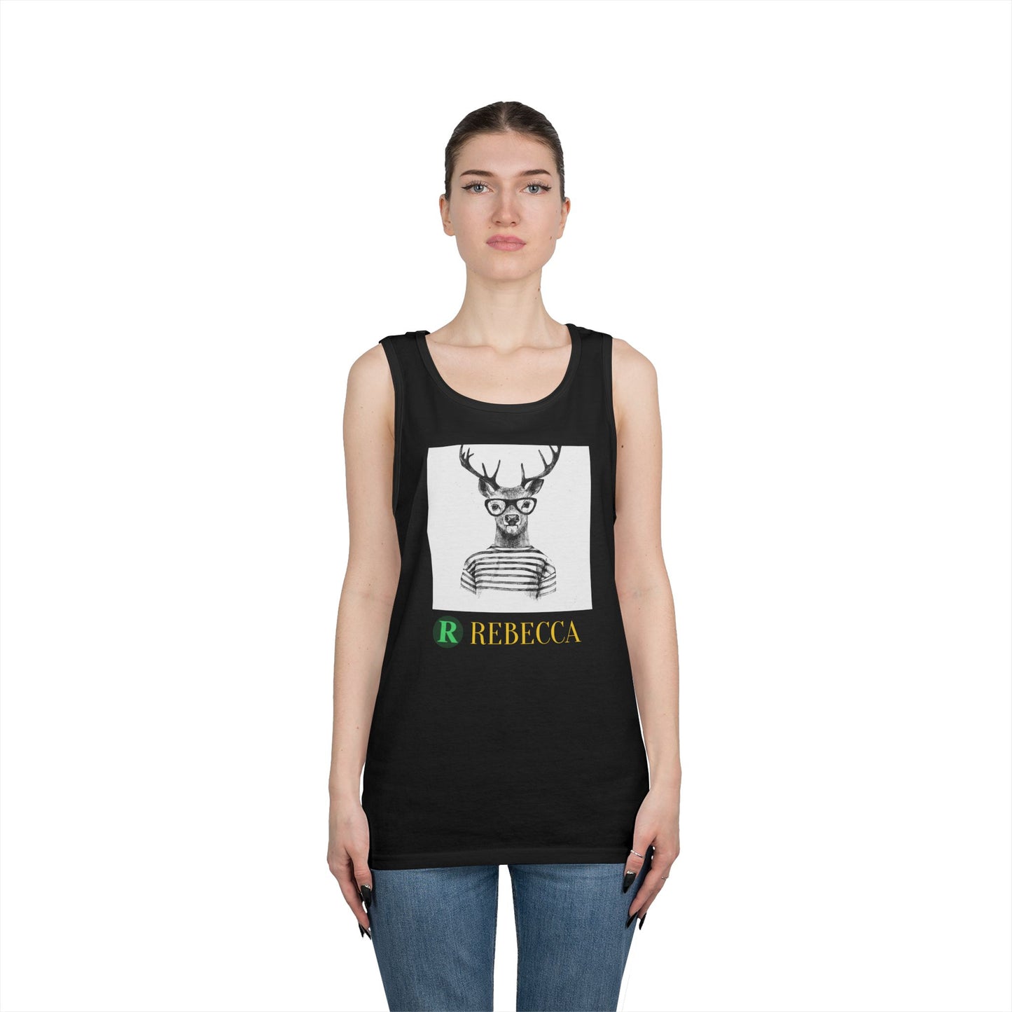 Deer in Glasses Graphic Tank Top — 'Rebecca' Striped Deer Illustration
