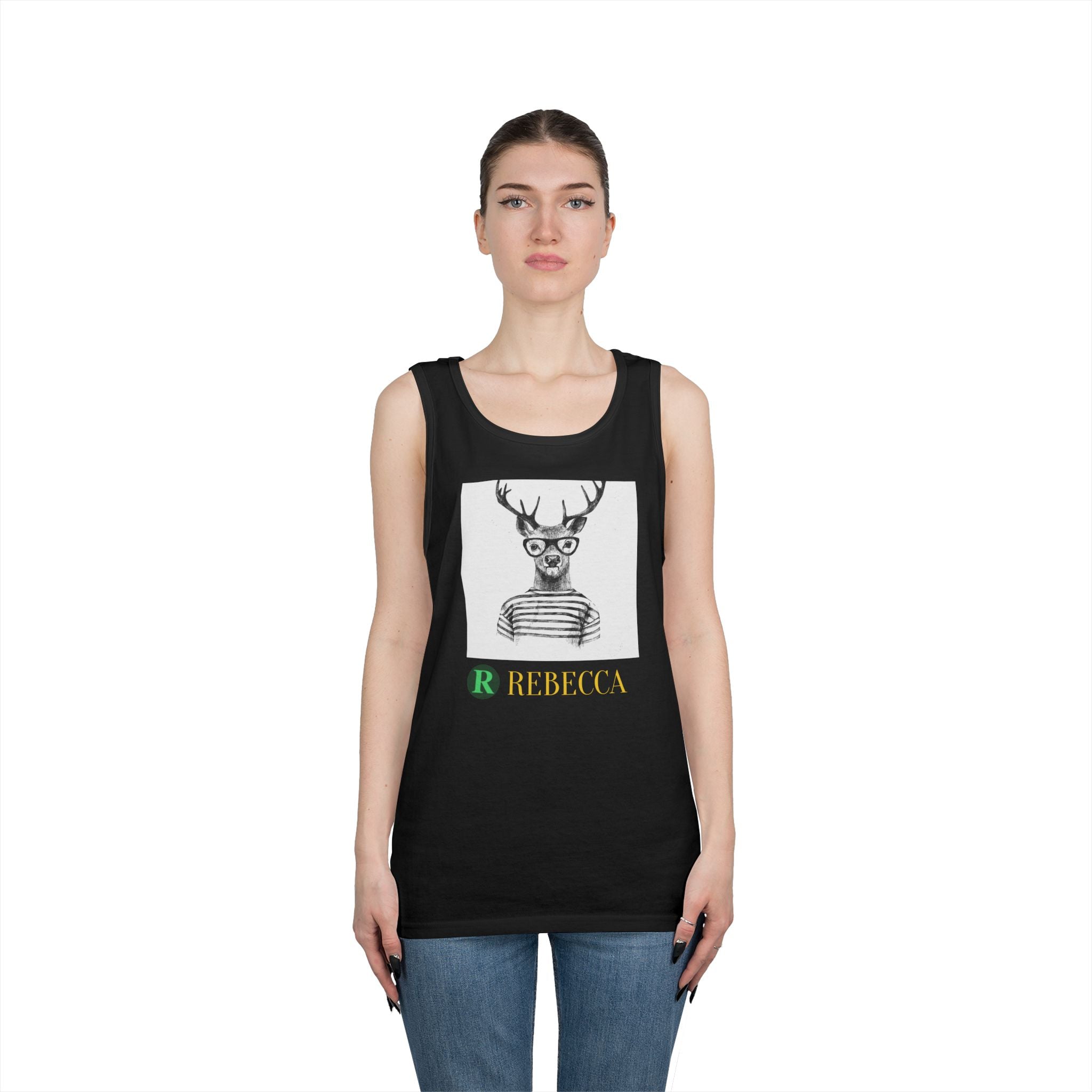 Deer in Glasses Graphic Tank Top — 'Rebecca' Striped Deer Illustration