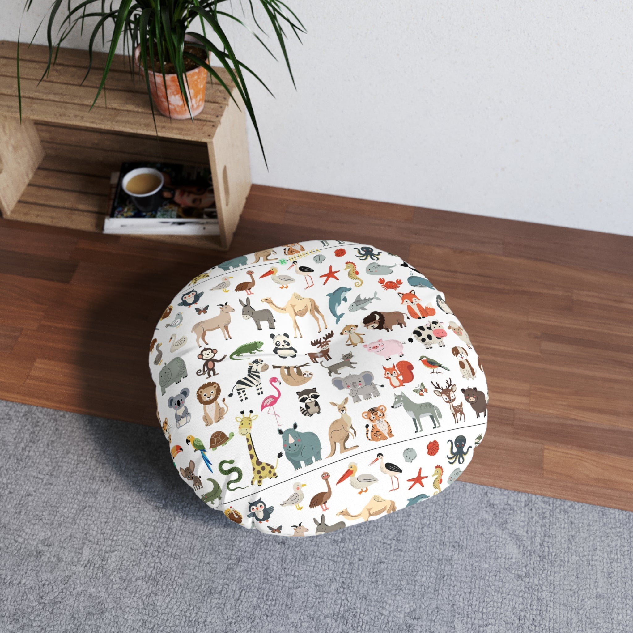 Round Tufted Floor Pillow – Cute Kids Animal Pattern