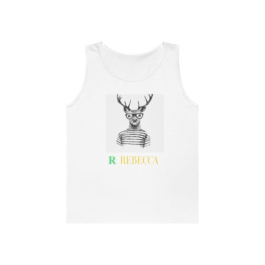 Deer in Glasses Graphic Tank Top — 'Rebecca' Striped Deer Illustration