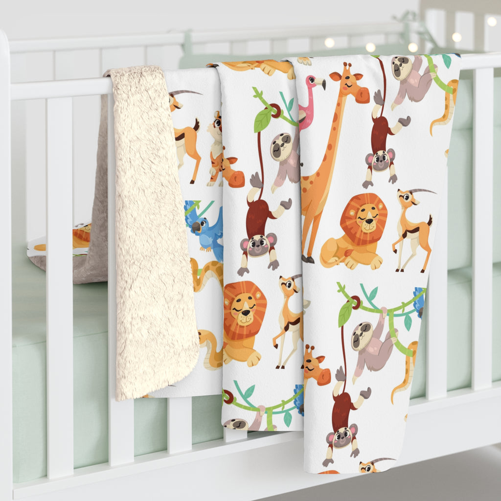 Safari Animal Sherpa Fleece Blanket — Cute Lion, Giraffe & Bird Baby Throw