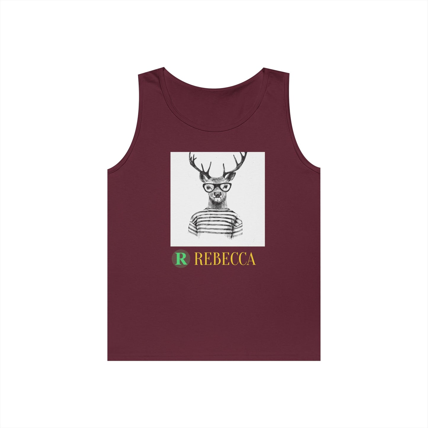 Deer in Glasses Graphic Tank Top — 'Rebecca' Striped Deer Illustration