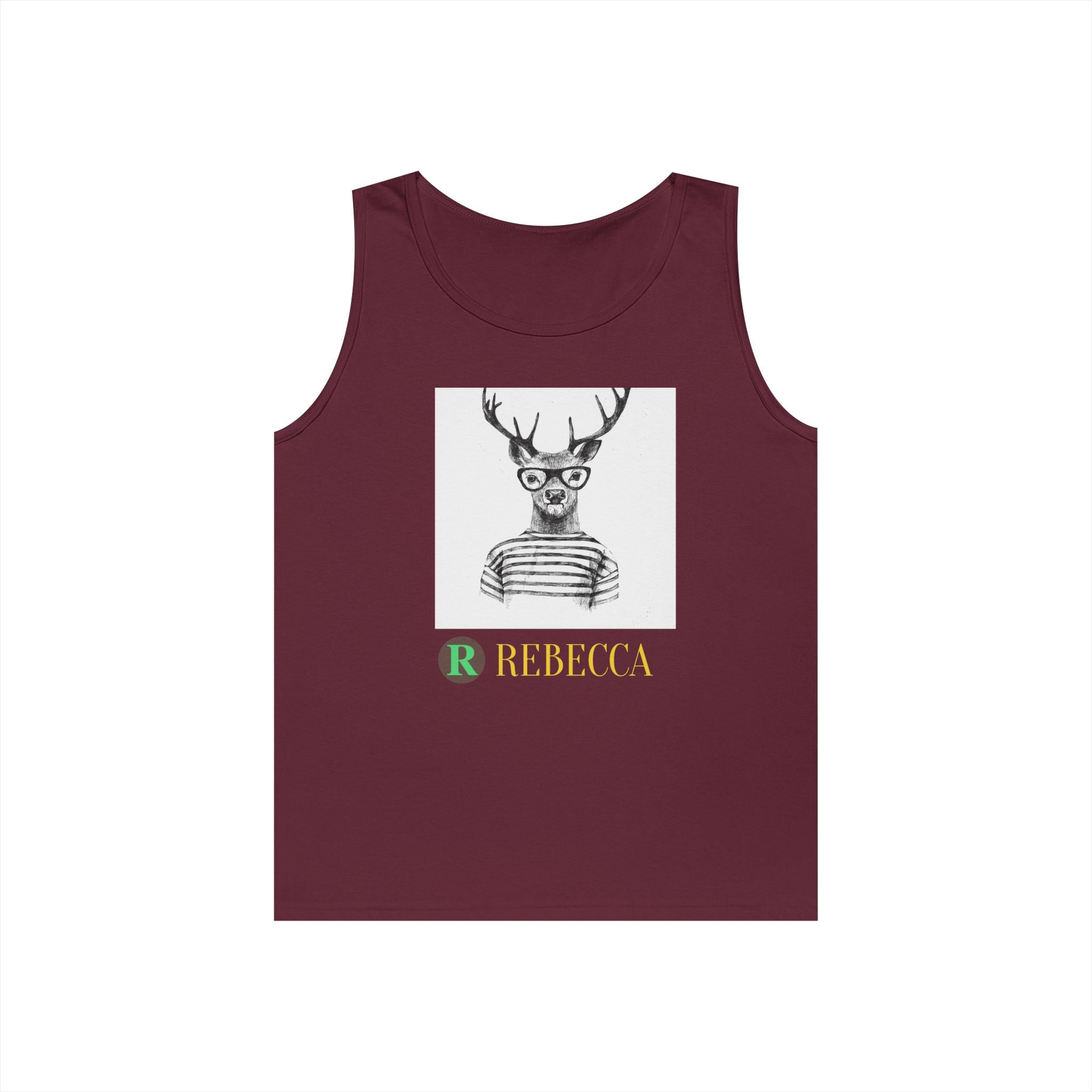 Deer in Glasses Graphic Tank Top — 'Rebecca' Striped Deer Illustration