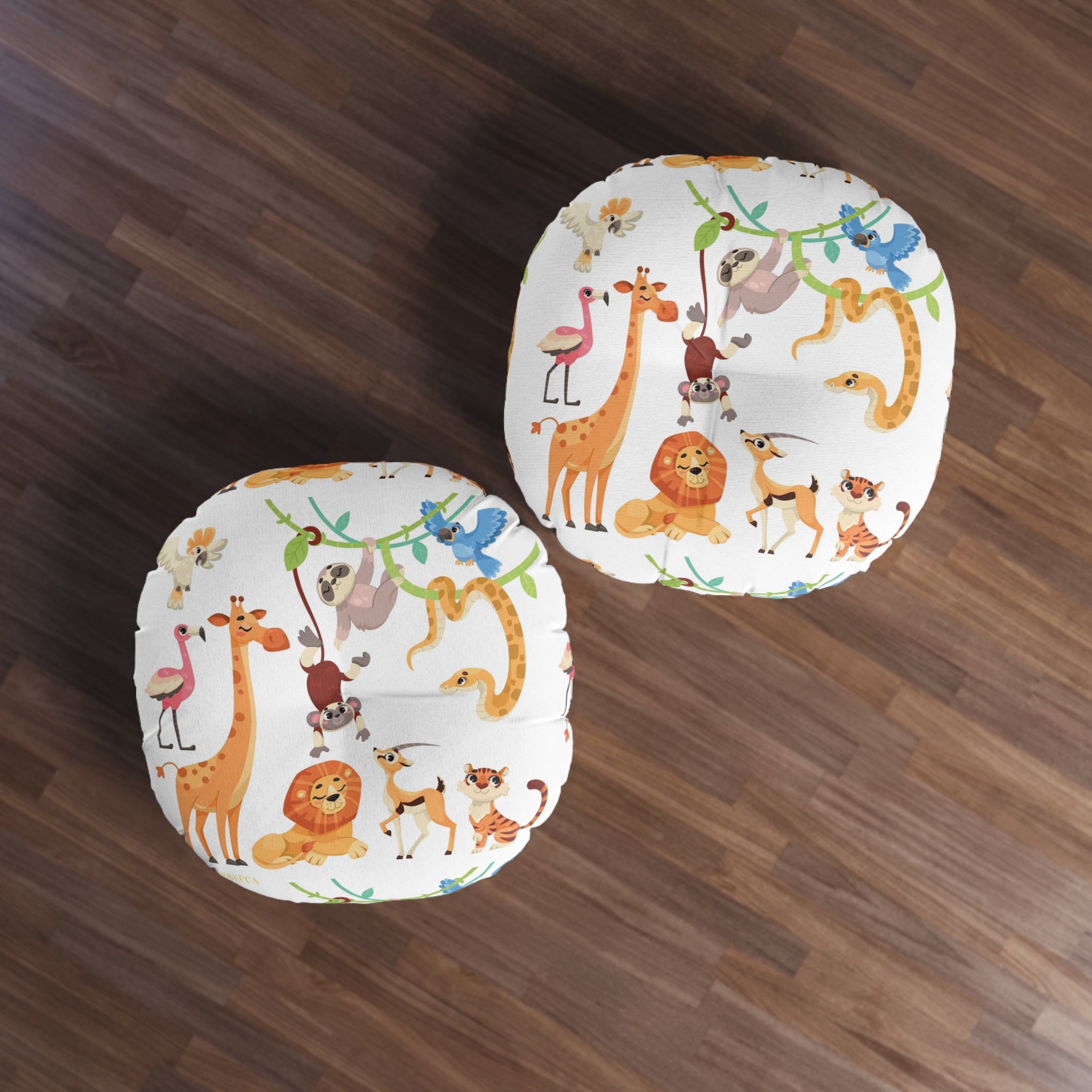 Round Tufted Floor Pillow — Cute Safari Animals Pattern for Kids’ Nursery & Playroom