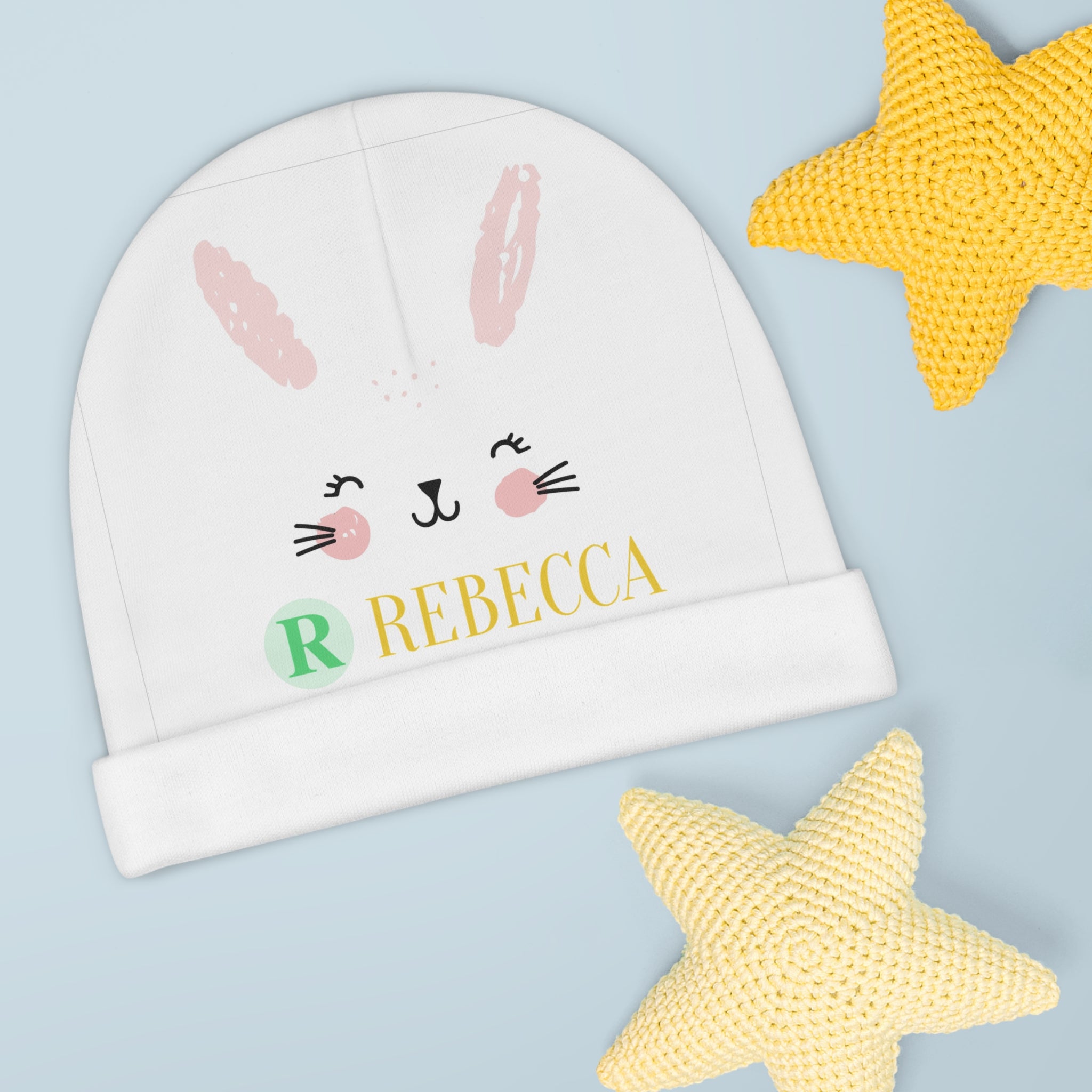 Personalized Bunny Baby Beanie — Custom Name Newborn Hat (e.g., Rebecca)